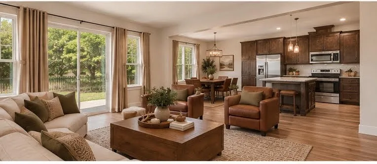 Open-concept living area featuring wood-finish flooring, a kitchen island with seating, stainless steel appliances, and sliding glass doors