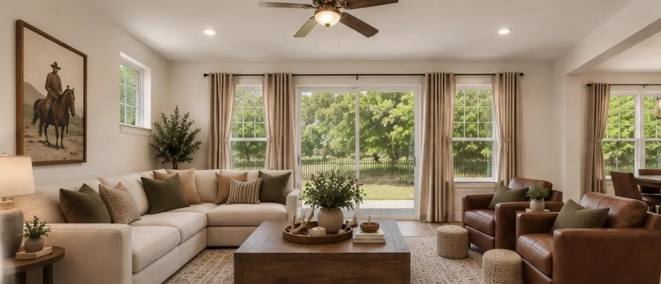 Recessed lighting, ceiling fan, sliding glass door, and multiple windows