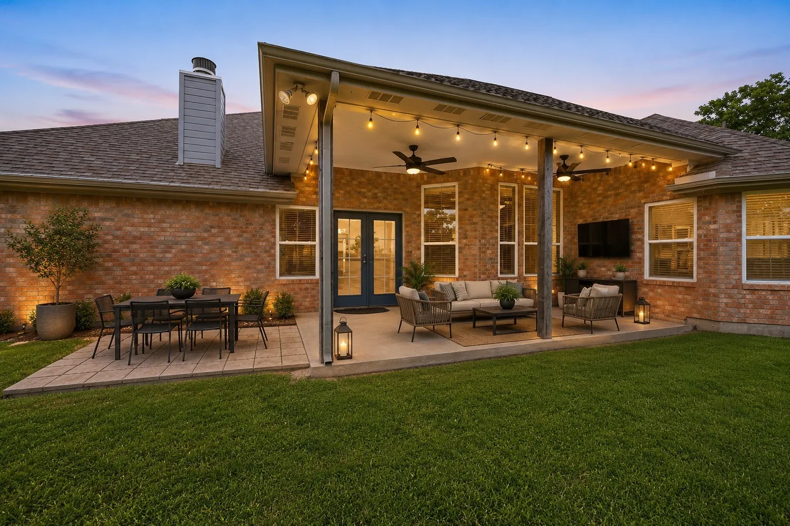 *Virtually Staged**
Spacious covered patio with ceiling fans and string lighting