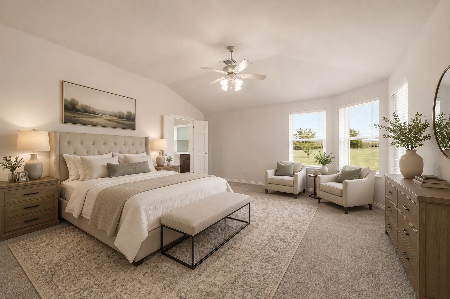 **Virtually Staged**
Spacious sleeping area featuring vaulted ceilings, an upholstered bed frame, two large windows with blinds, a ceiling fan, and carpeted flooring