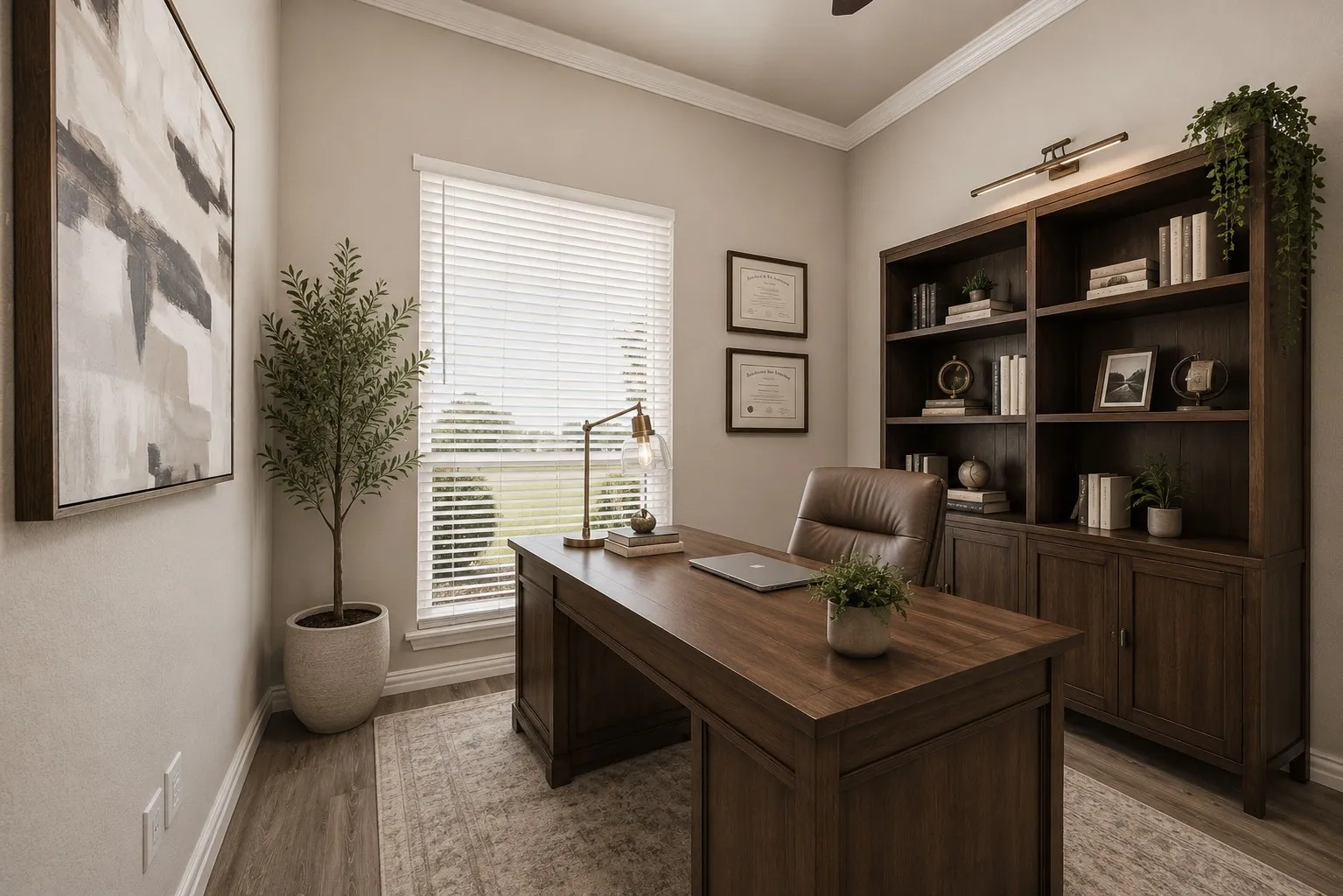 **Virtually staged**
Sophisticated home office featuring a rich wood-finish desk with ample workspace, floor-to-ceiling built-in cabinetry with shelving and display opportunities, hardwood flooring, natural light from large window with plantation shutters, and tasteful framed artwork
