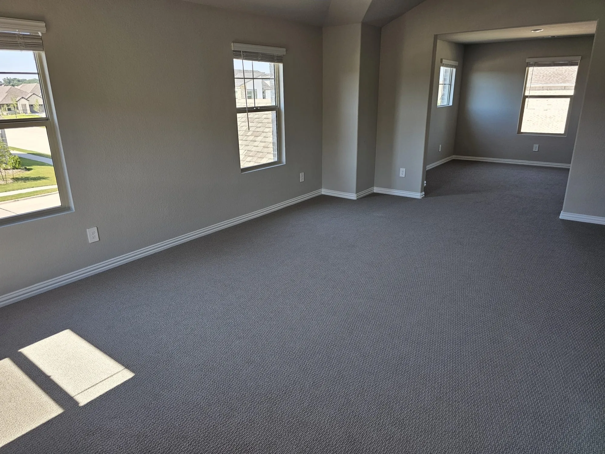 Empty room with dark colored carpet
