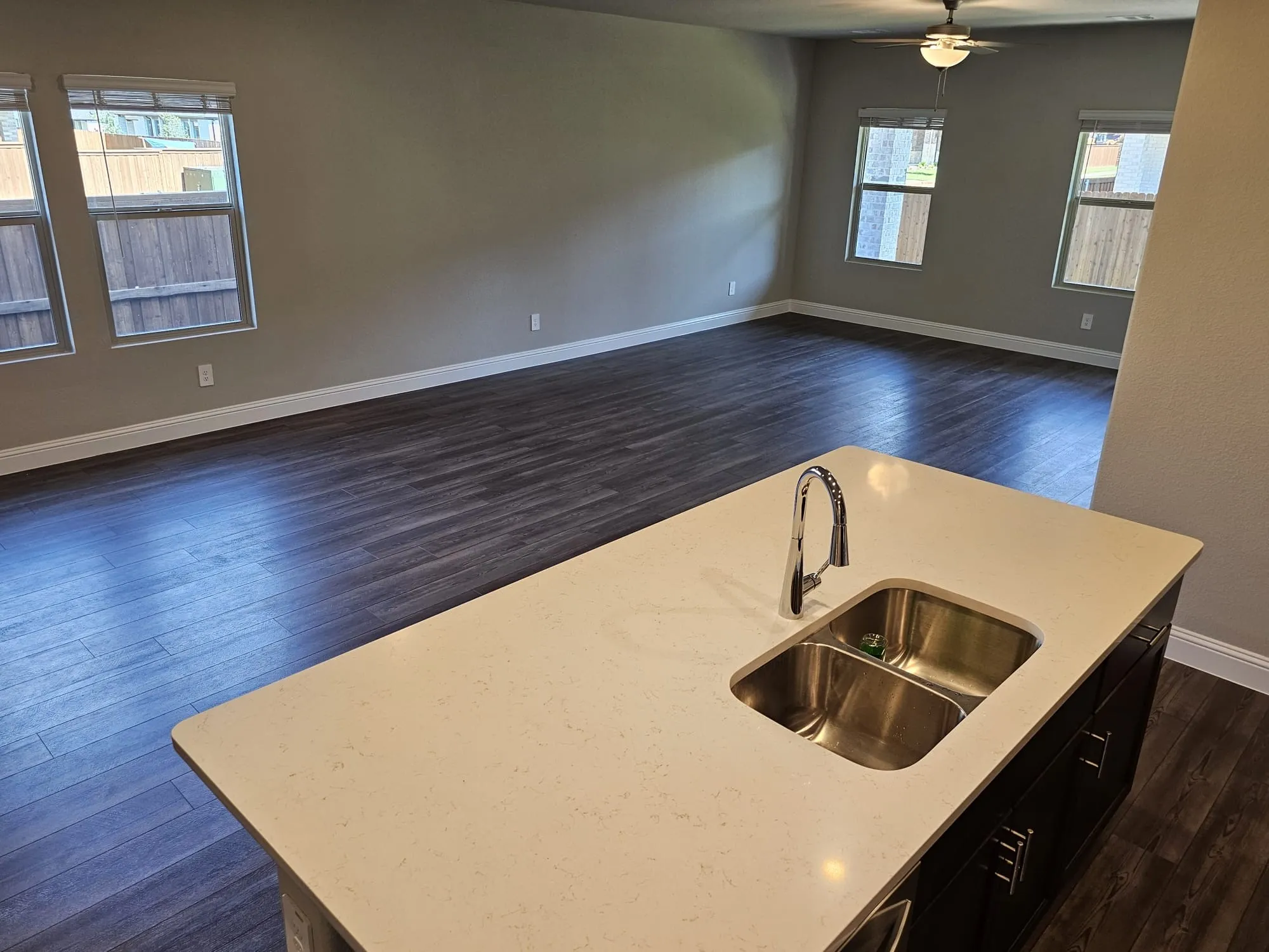Kitchen with dark wood-type flooring, sink, and plenty of natural light
