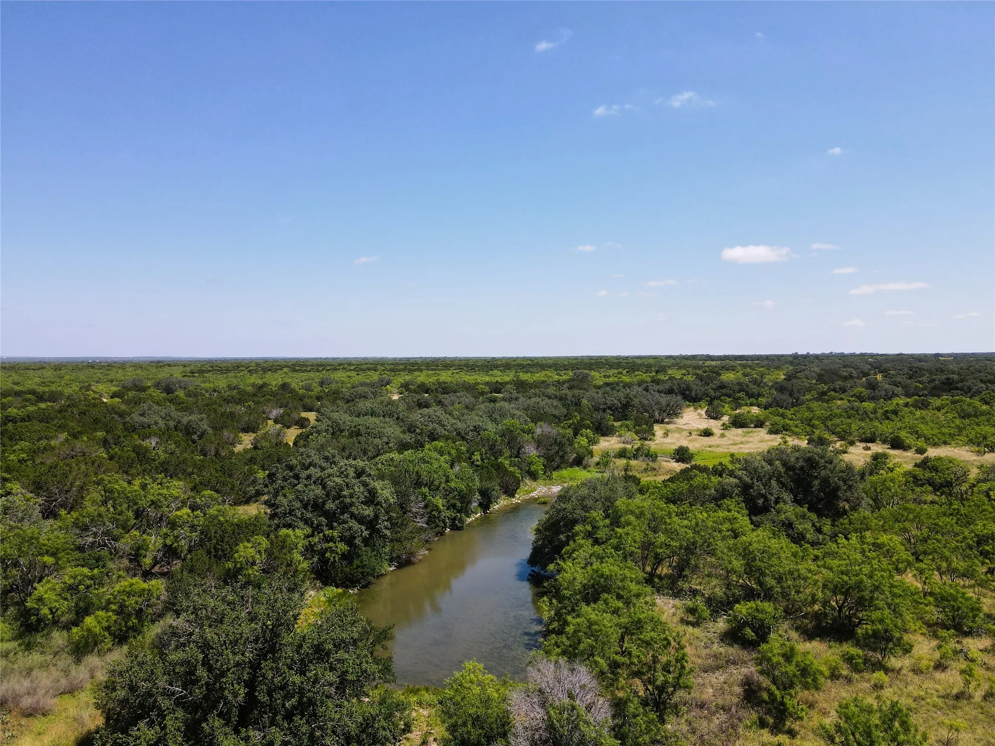 Expansive natural landscape featuring a winding river, dense tree coverage, and interspersed open grassland areas