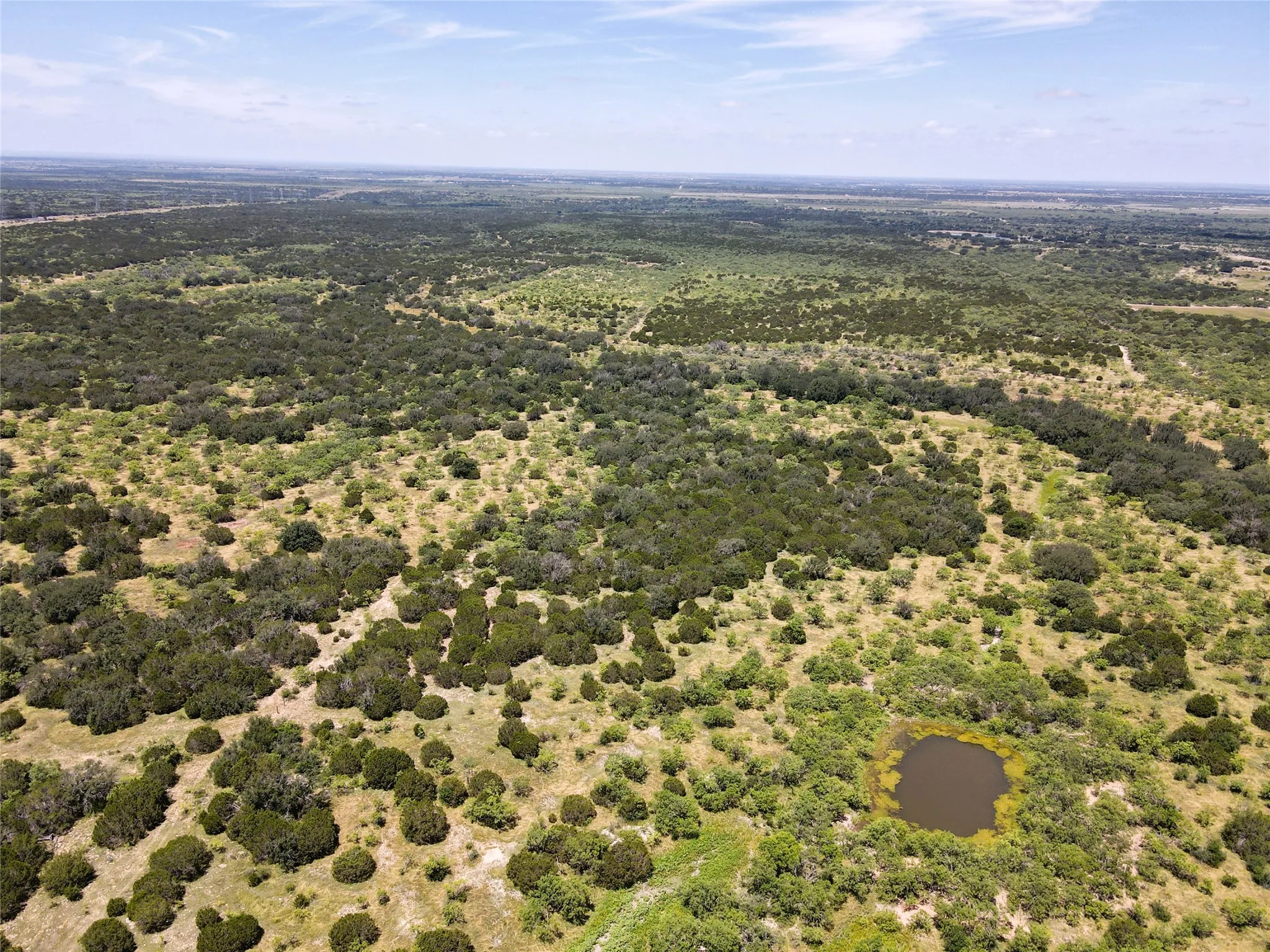 Expansive land featuring a natural water body, scattered tree coverage, and varied topography