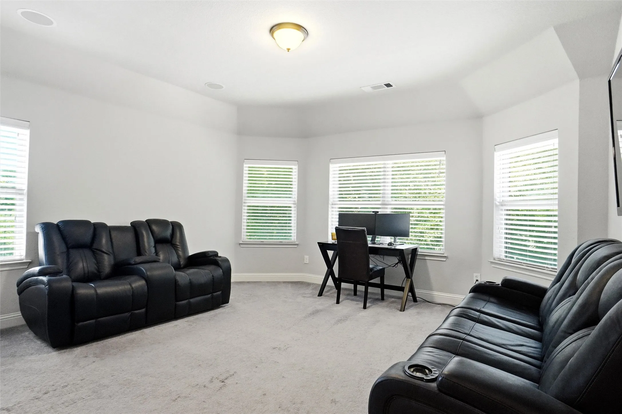 Spacious room featuring light gray carpeting and multiple windows with white blinds
