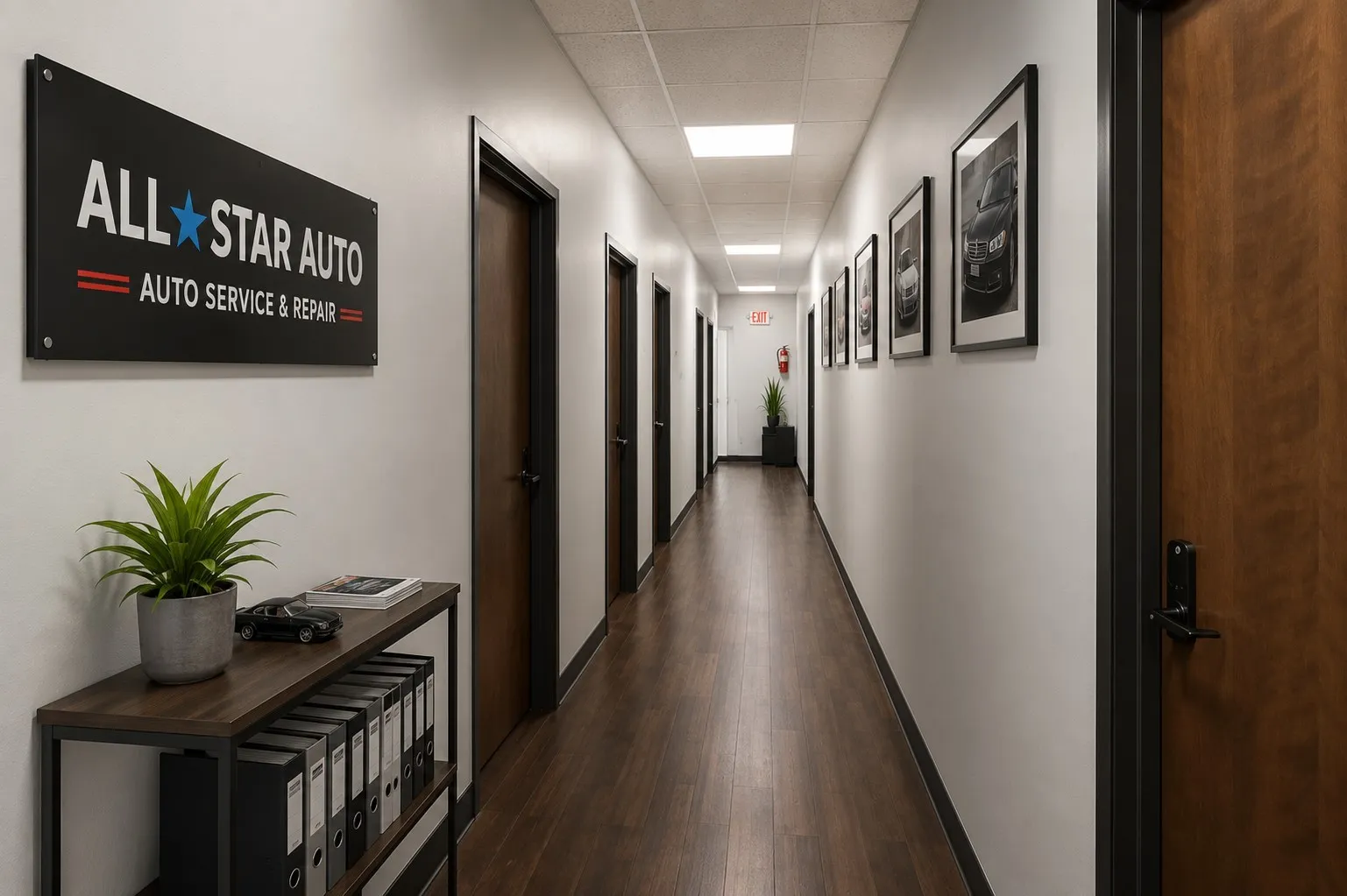 Hallway featuring wood-finish flooring, white walls, and recessed lighting