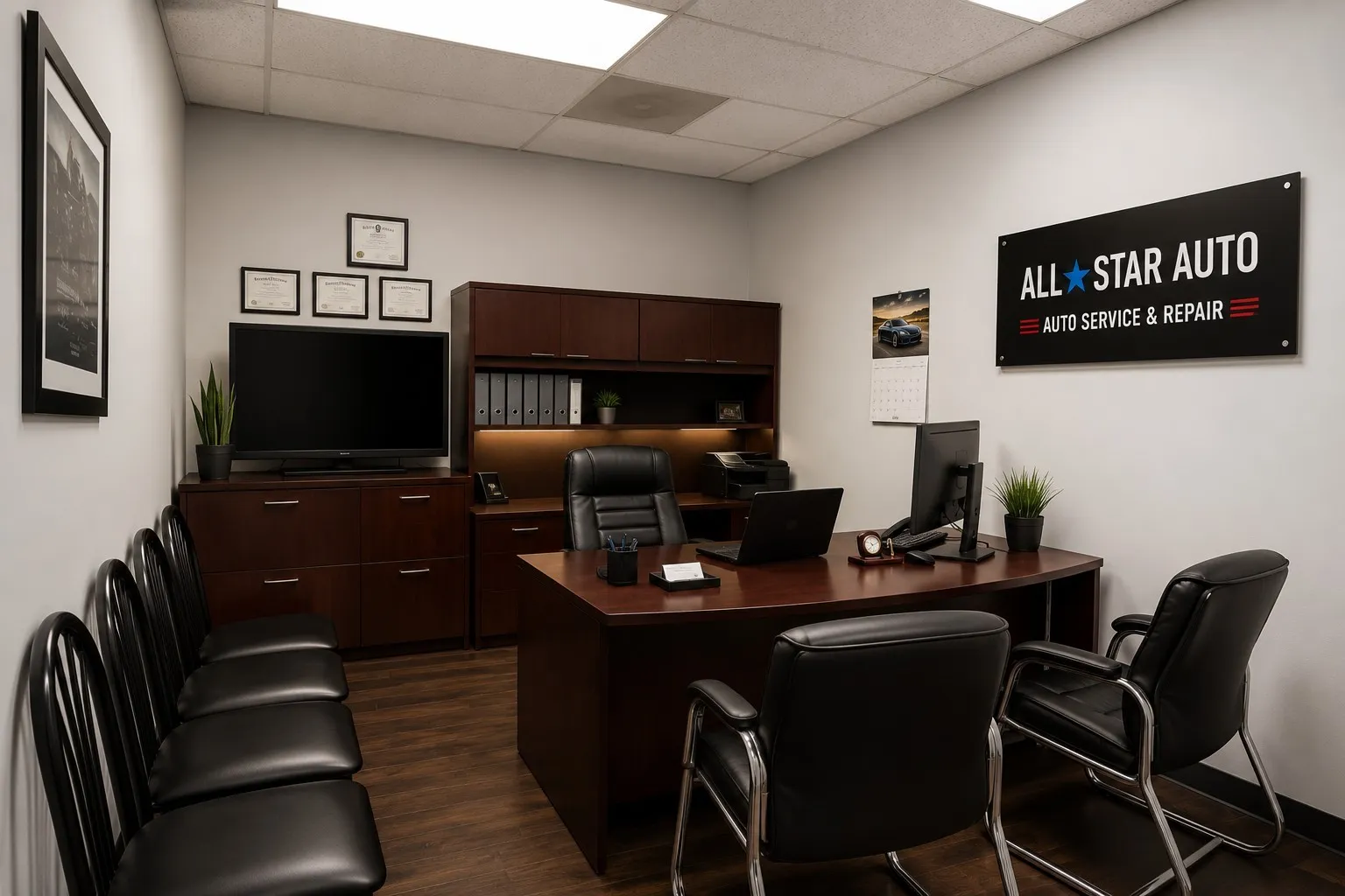 Office space featuring wood-finish flooring, a suspended acoustic tile ceiling, and neutral-toned walls