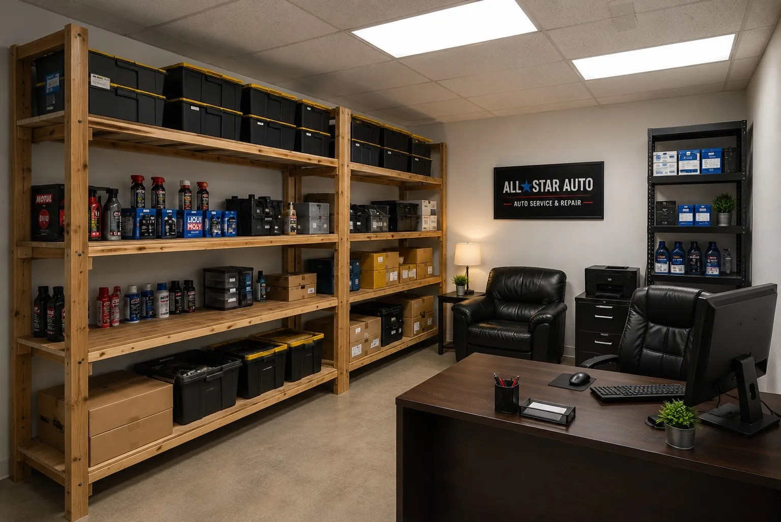 Commercial office space featuring extensive wood shelving units, a dark wood-finish desk, and a drop ceiling with integrated lighting