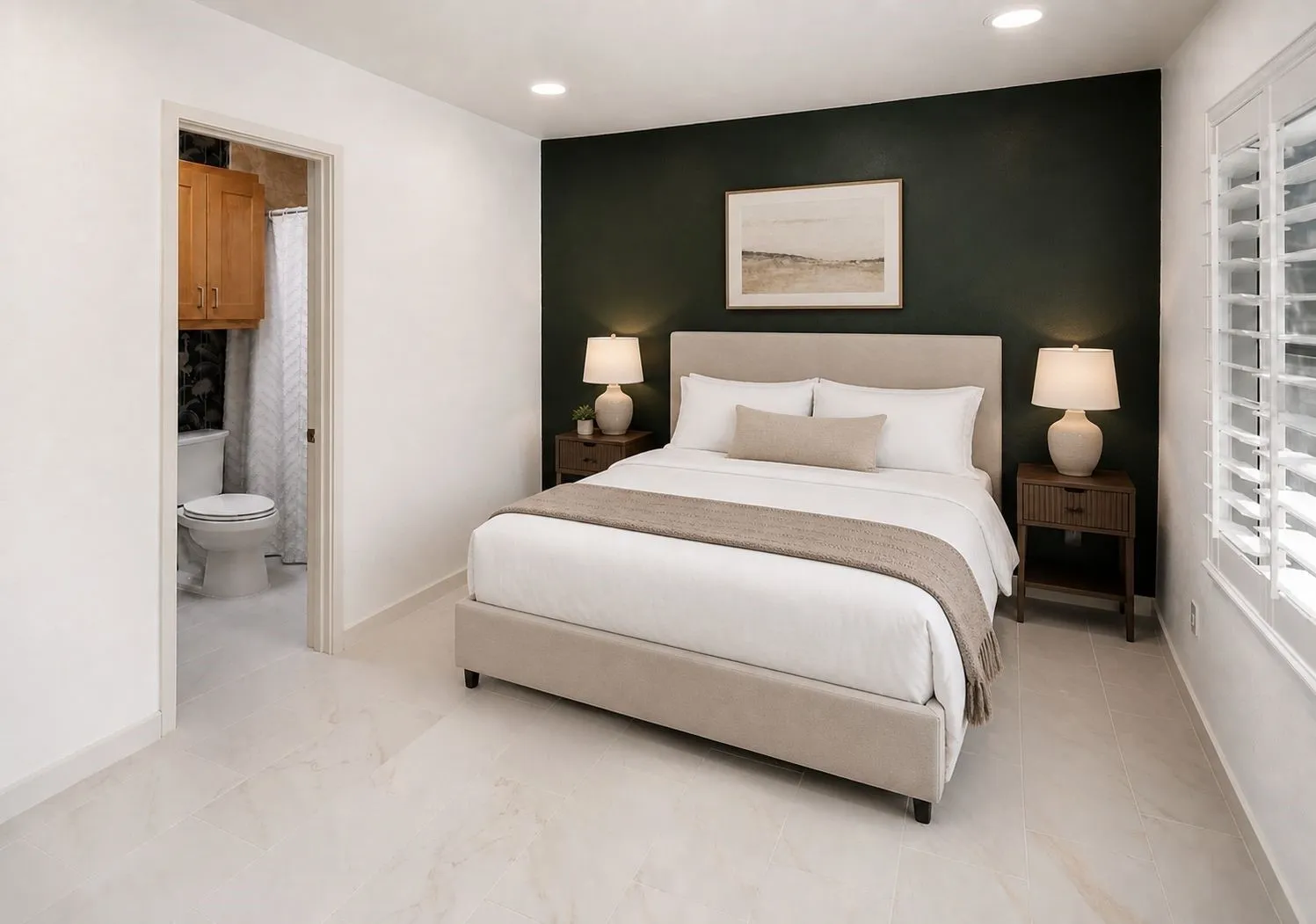 Recessed ceiling lighting, plantation shutters, and light-toned tile flooring