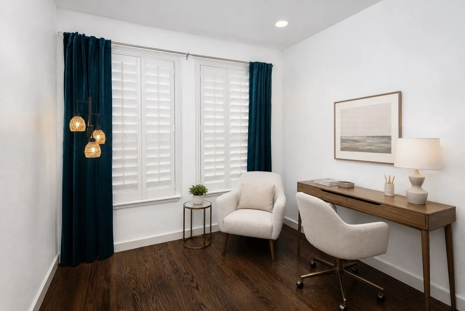 Hardwood flooring, crisp white walls, recessed ceiling lighting, and plantation shutters