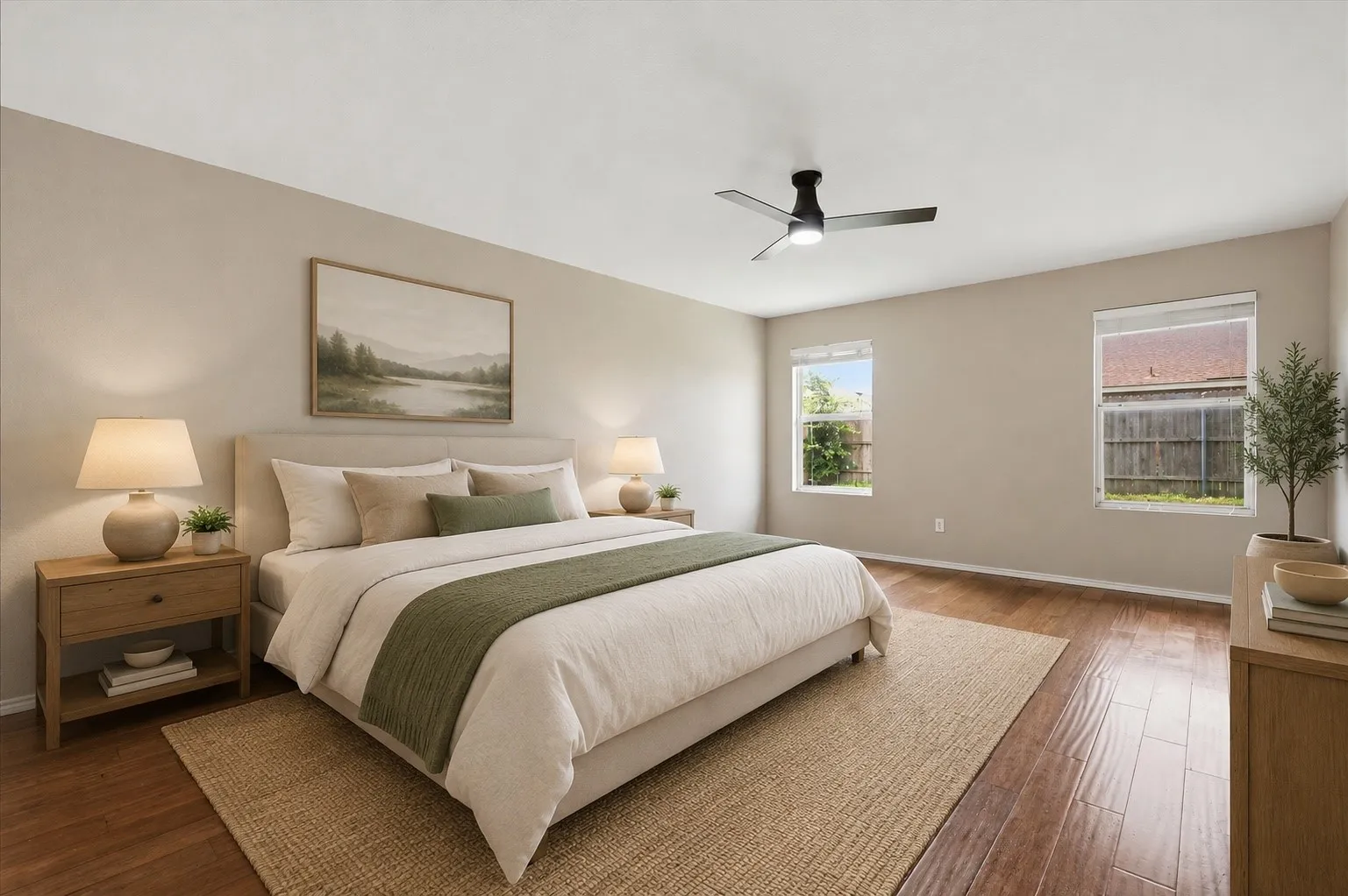 Spacious room featuring wood-finish flooring, light neutral wall tones, and two windows providing natural illumination *Virtually staged*