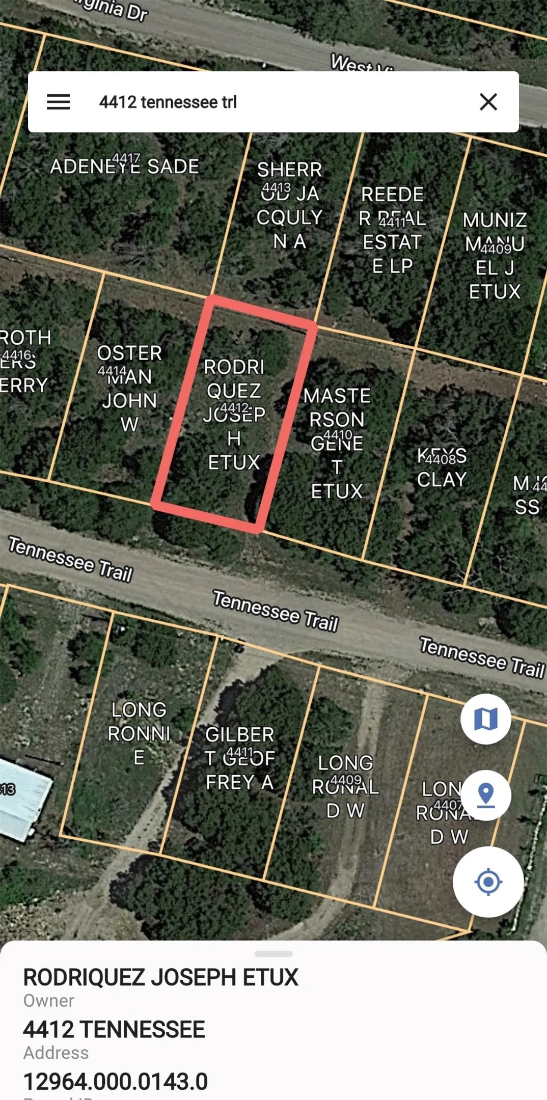 Parcel Map. Displaying property boundaries, owner details, and address information for the property