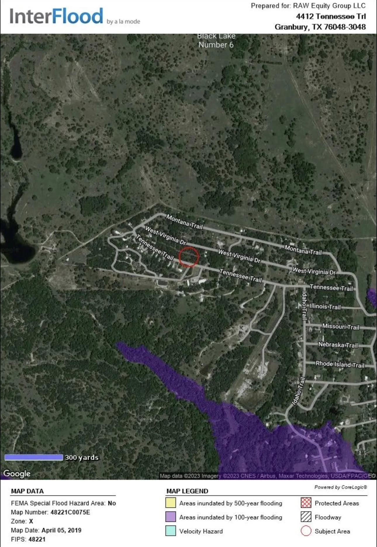 Flood Hazard Report. Presenting the property's FEMA flood zone classification and identifying potential flood areas