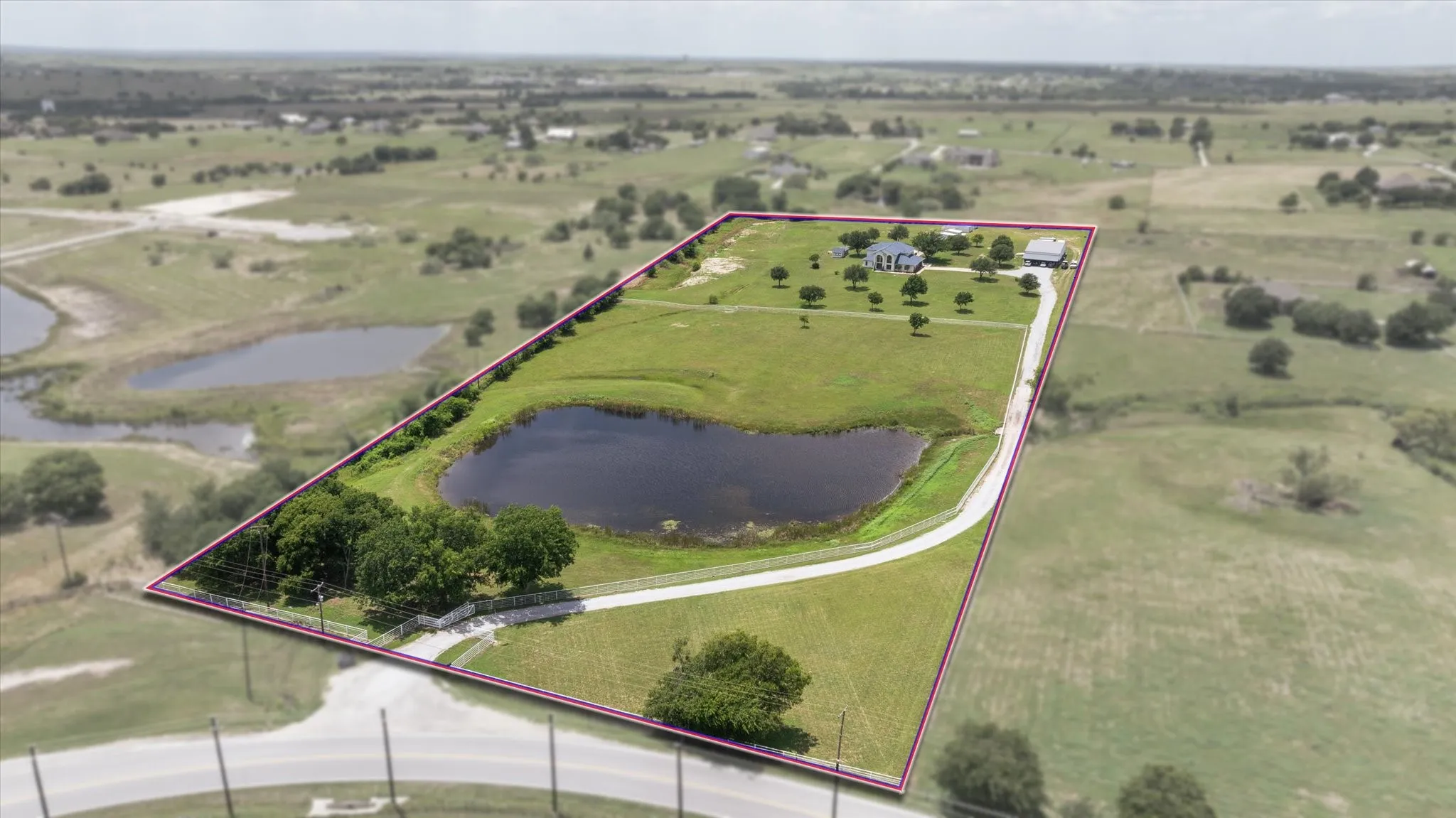 Aerial Views of 12.432 Acres, Main Home, Guest Home, Workshop, Shop Apartment, Cross-fenced Pasture and 1-Acre Pond