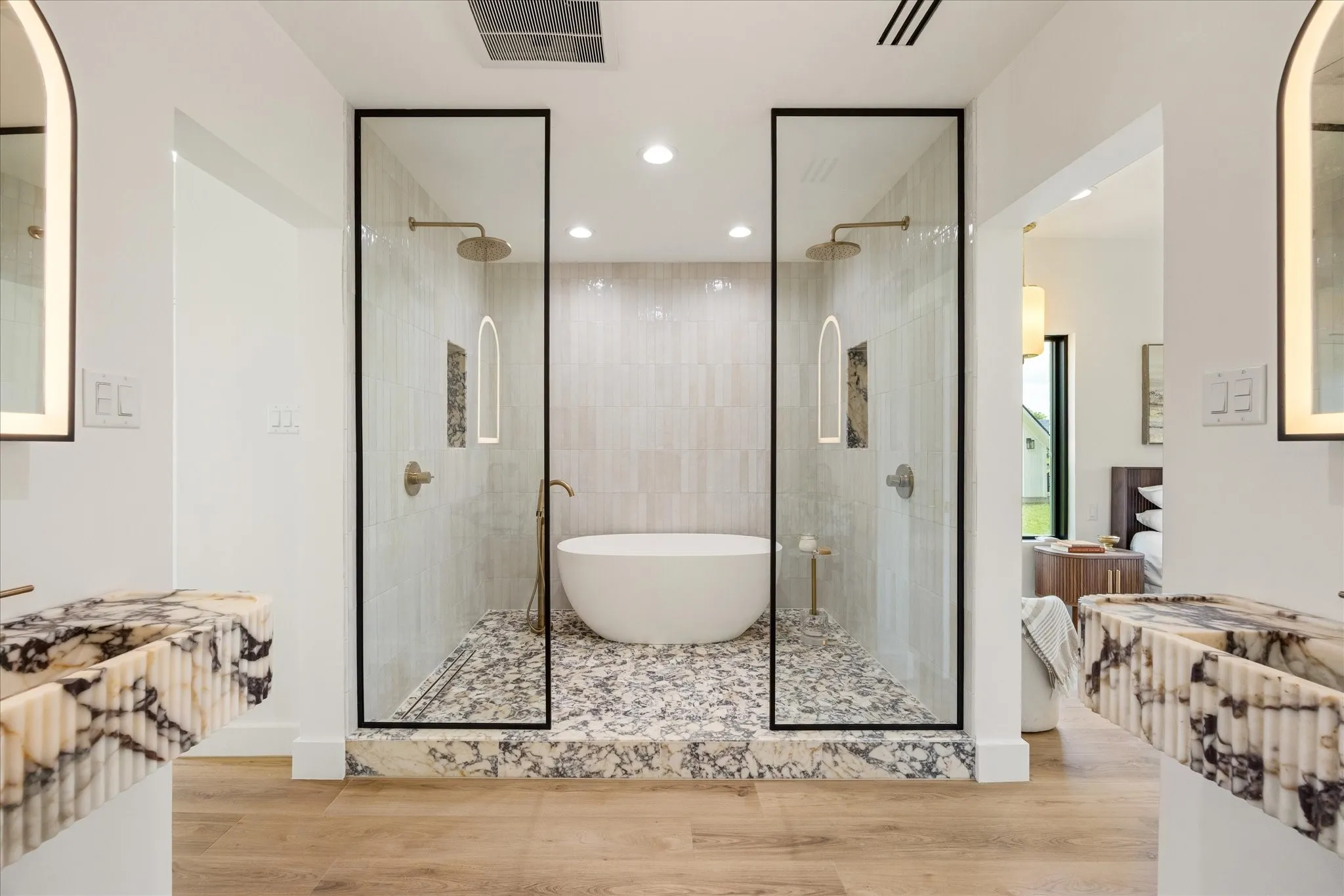 Elegant Symmetry, Imported Turkish Viola Marble, and a Breathtaking Wet Room with Freestanding Soaking tub