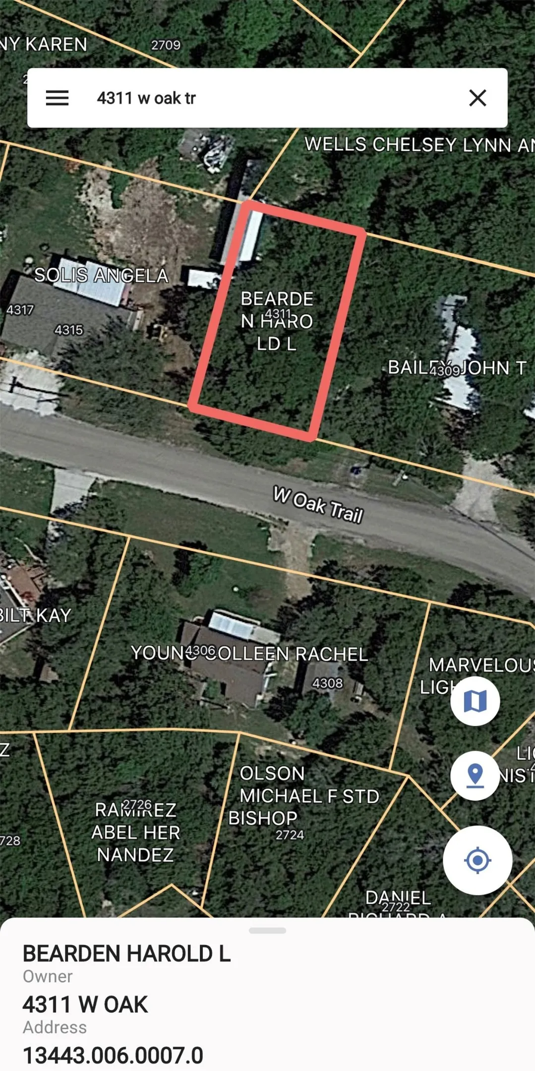 Property Parcel Map. Displaying the outline and owner information for the property