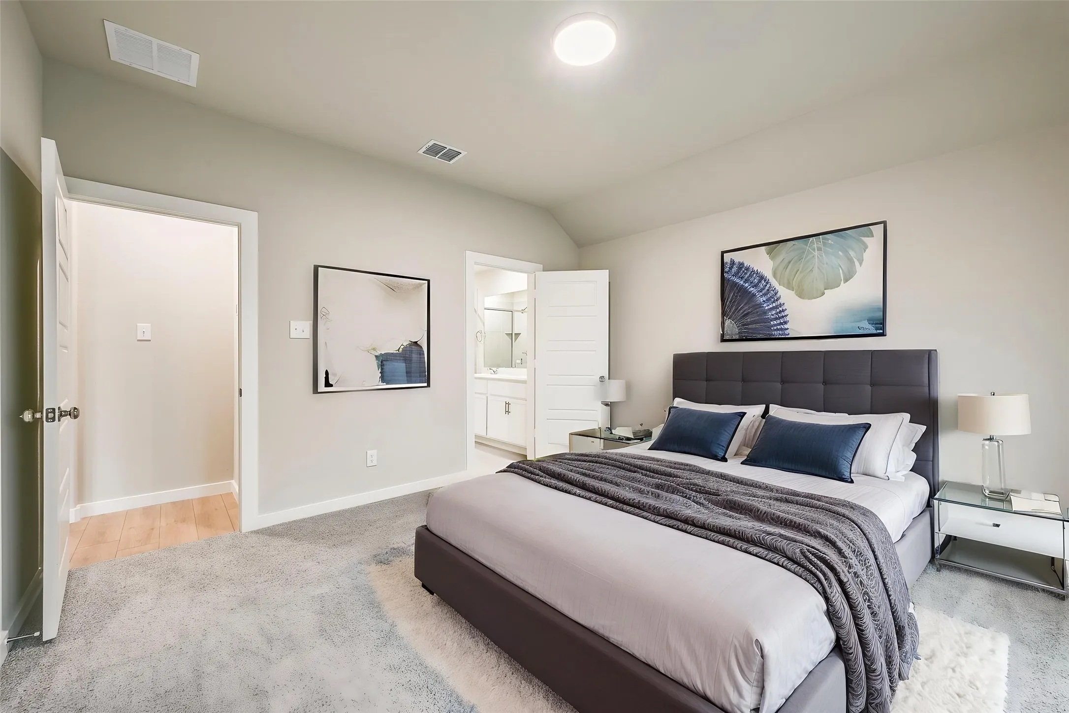 Bedroom featuring plush gray carpeting, neutral wall tones, a contemporary ceiling light fixture, and a white paneled door leading to an en-suite bathroom with a vanity