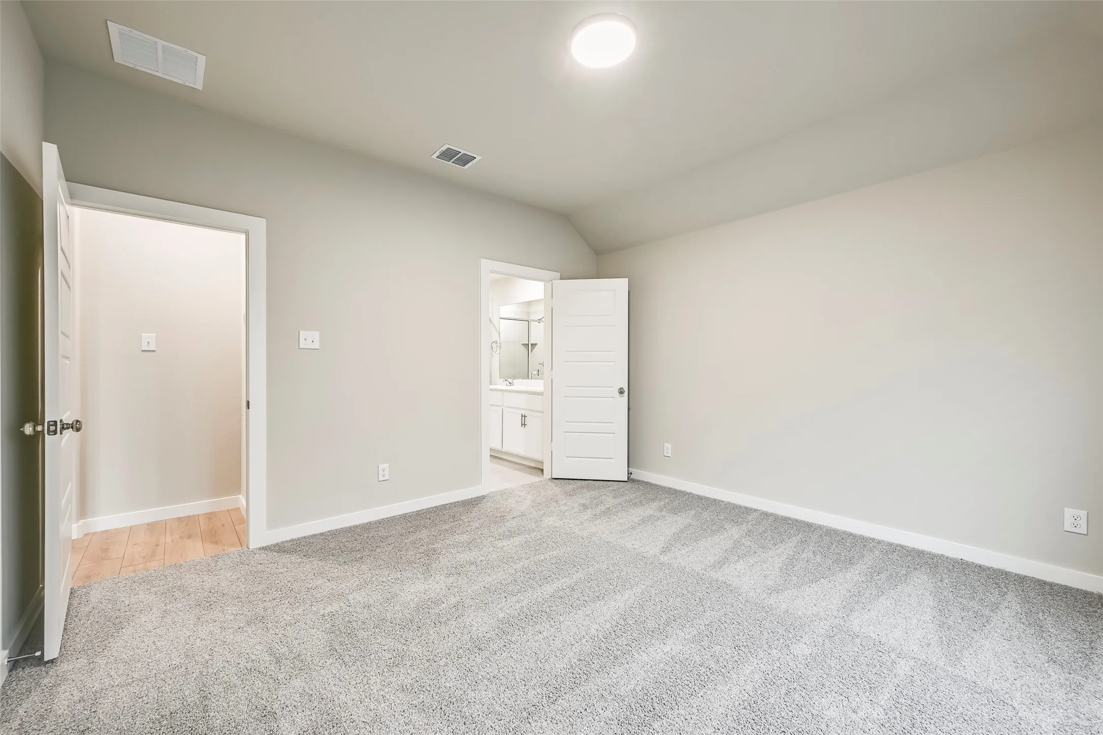 Spacious room featuring light gray walls, plush gray patterned carpeting, a flush-mount ceiling light, and white trim