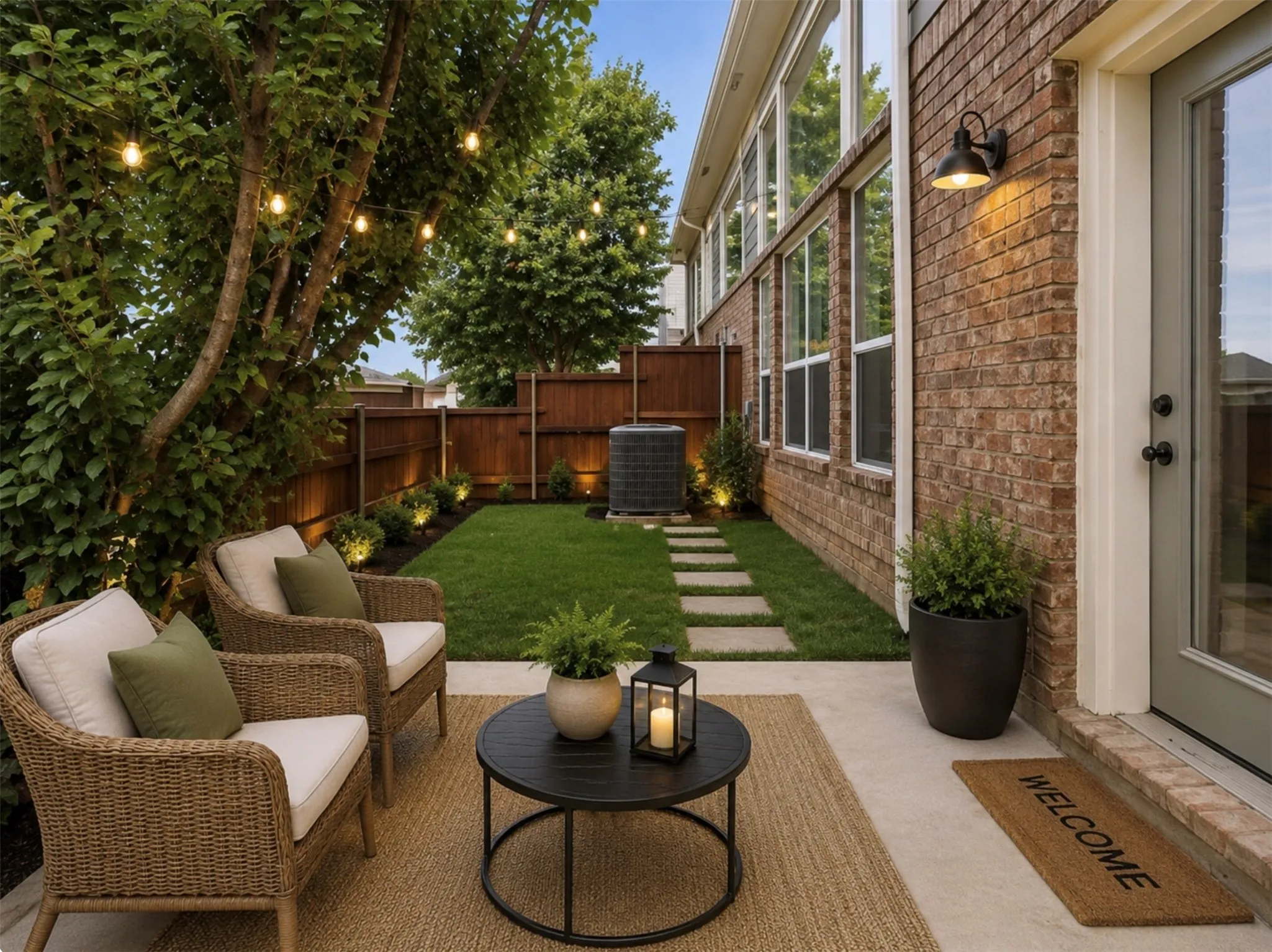 Paved outdoor patio with a woven rug and adjacent lawn