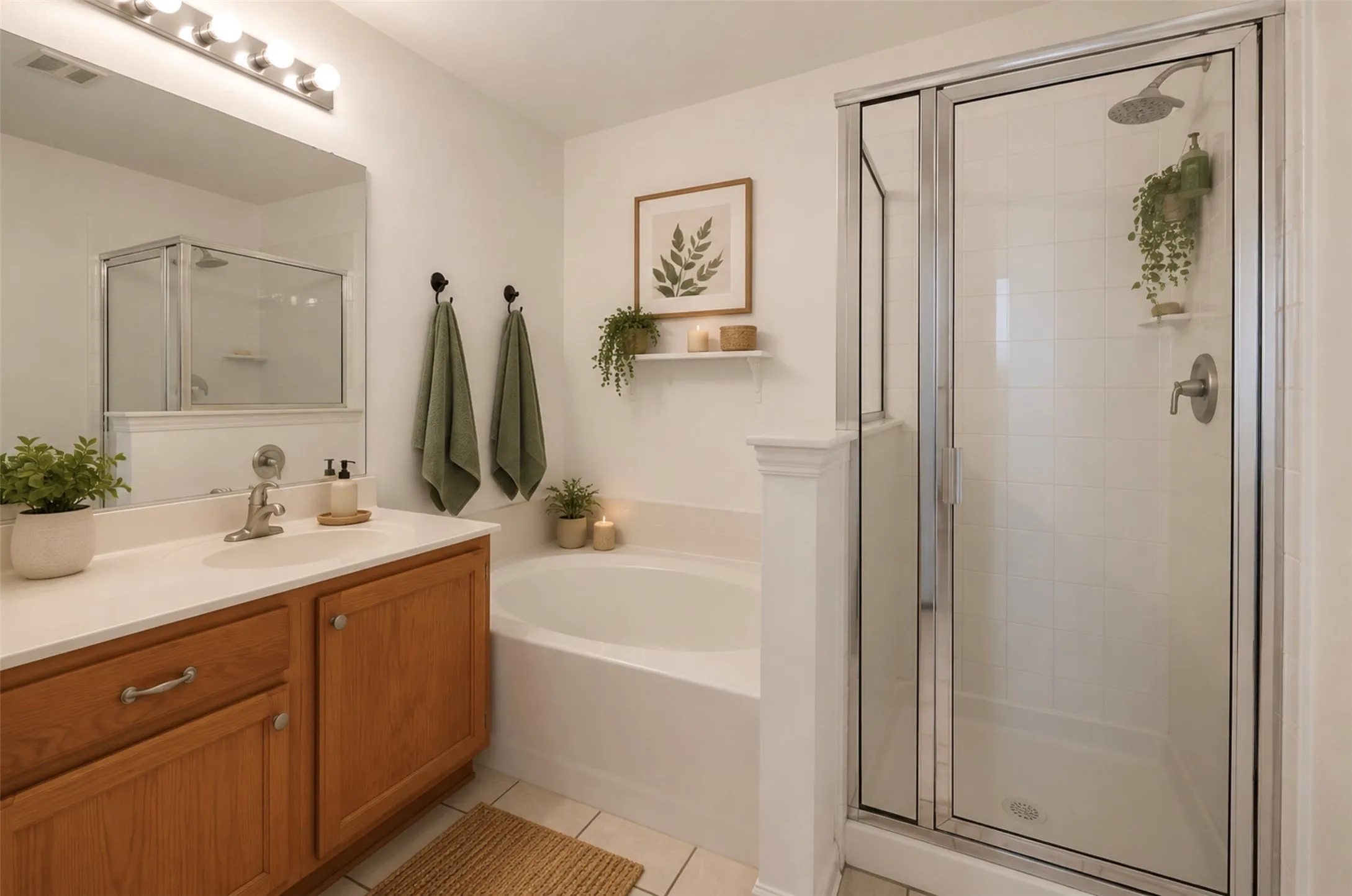 Bathroom featuring a glass-enclosed shower, a built-in soaking tub, a single vanity with wood-finish cabinetry, a white countertop, and a large mirror with overhead lighting