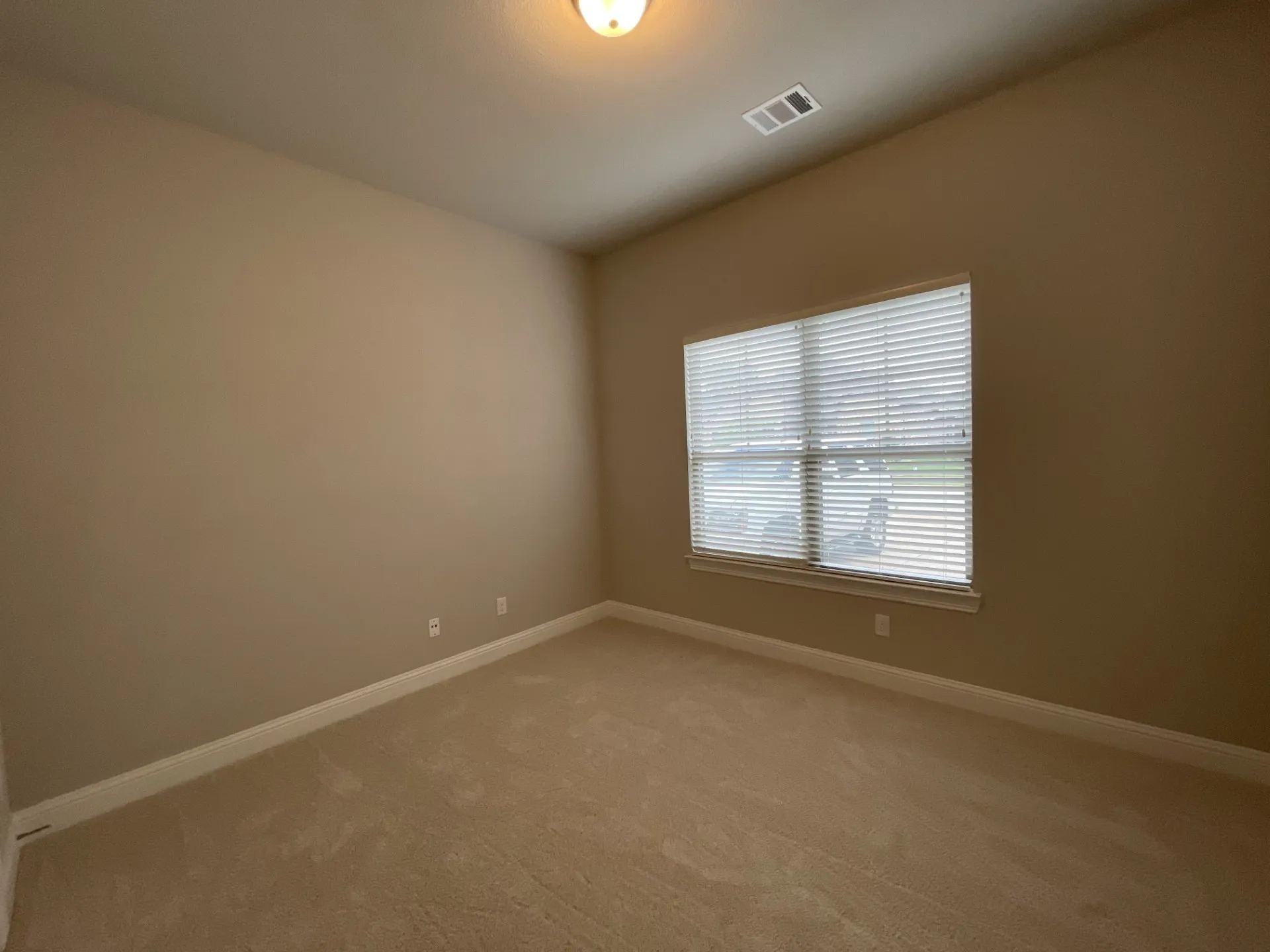 Neutral-toned carpet flooring, tan painted walls, and white trim