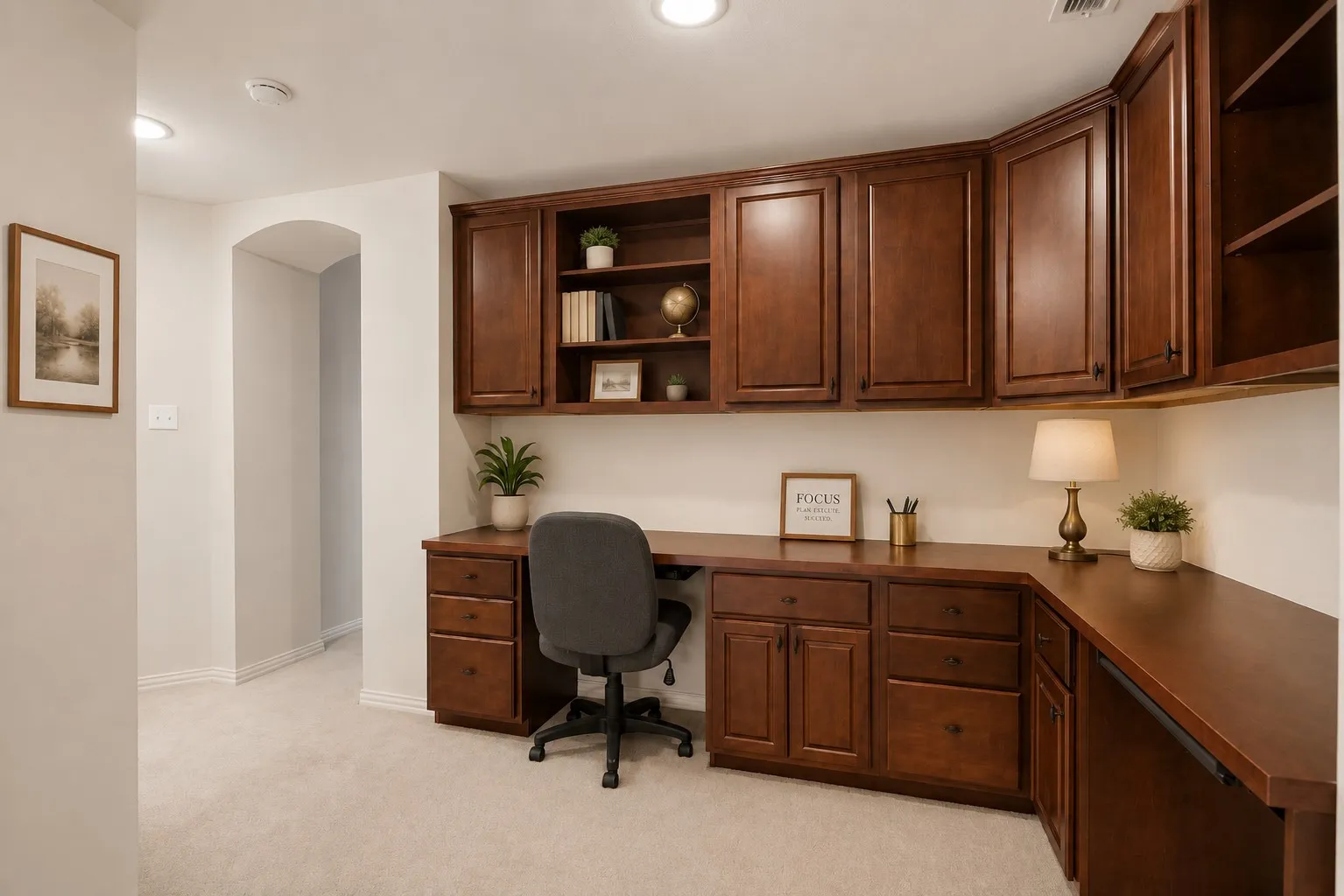Built-in wood-finish cabinetry and desk in the upstairs loft area.