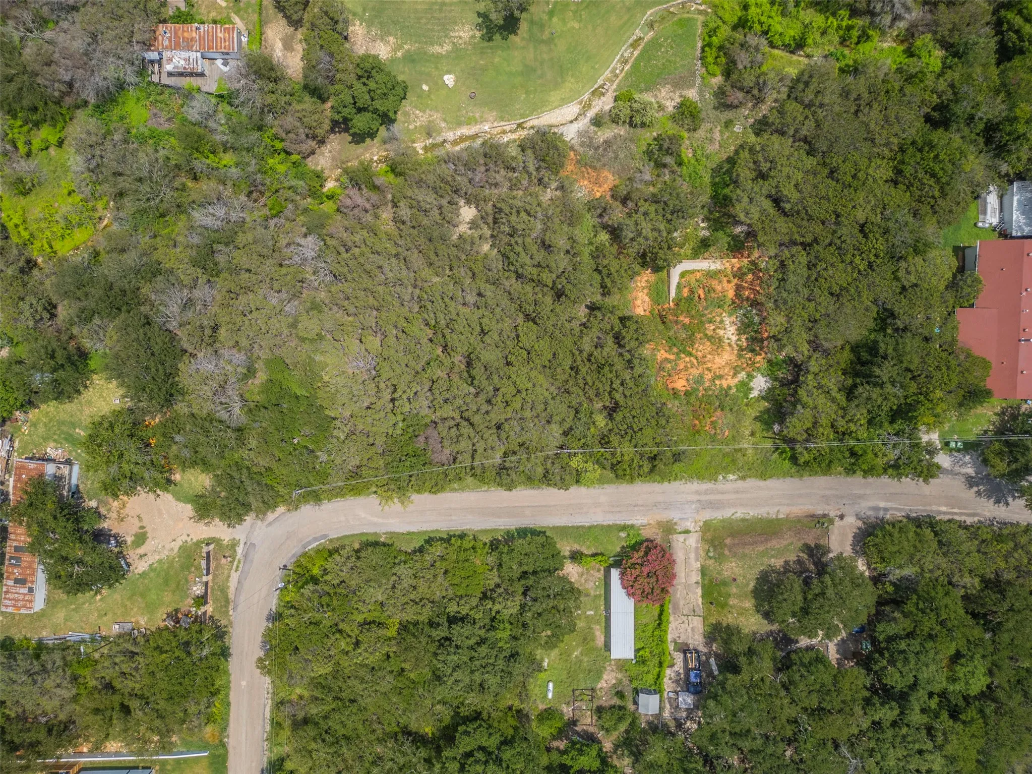 Expansive wooded acreage featuring a curved unpaved road, surrounding mature trees, and a visible cleared area