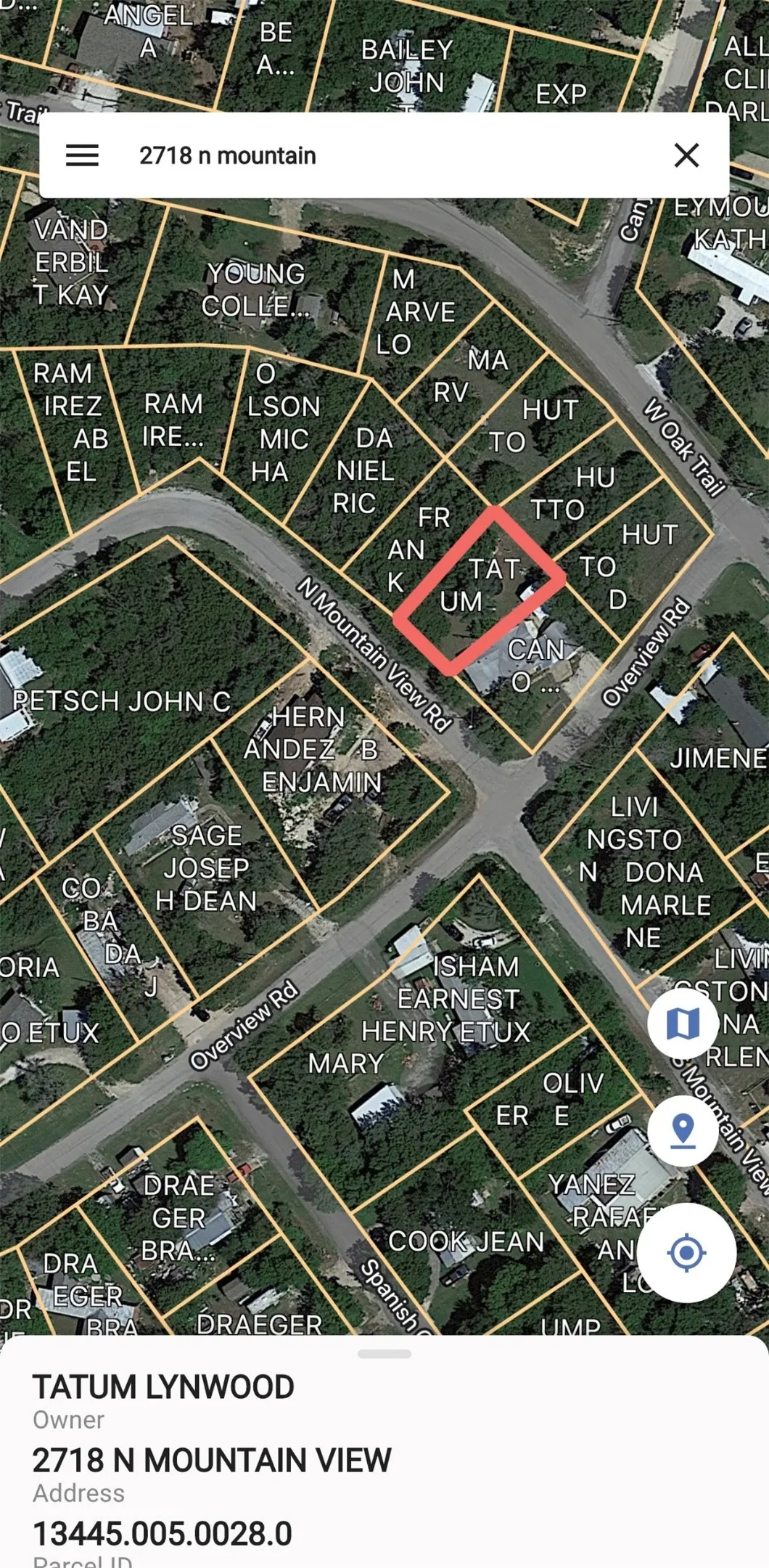 Parcel Map. Displaying property boundaries and owner information for the specified parcel