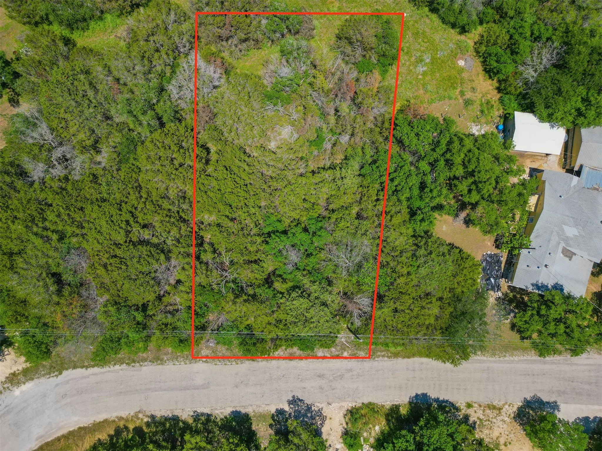 Wooded parcel featuring mature trees, a gravel road frontage, and a rectangular boundary
