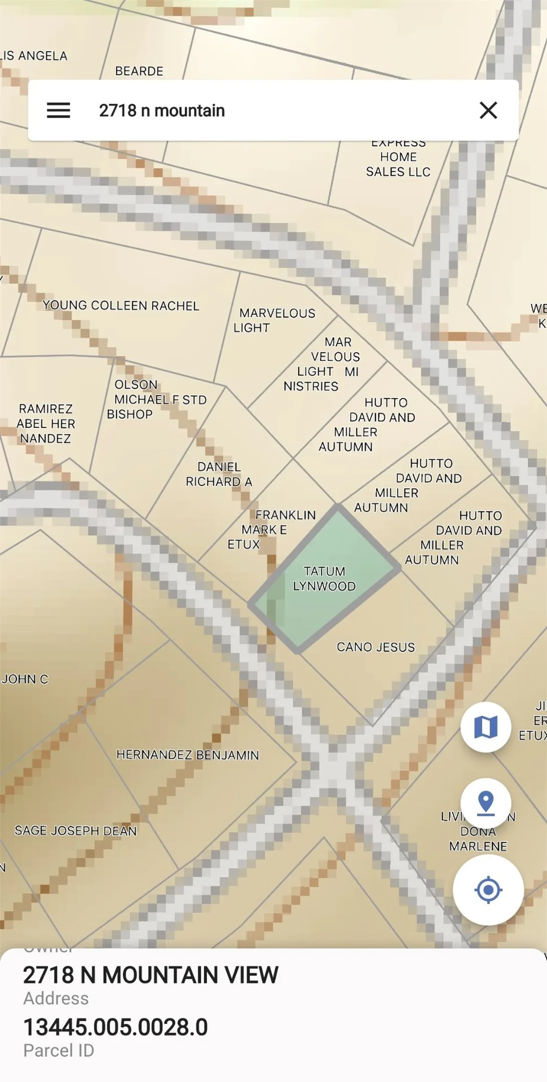 Parcel Map. Displaying property boundaries, owner details, and a search query for a specific address