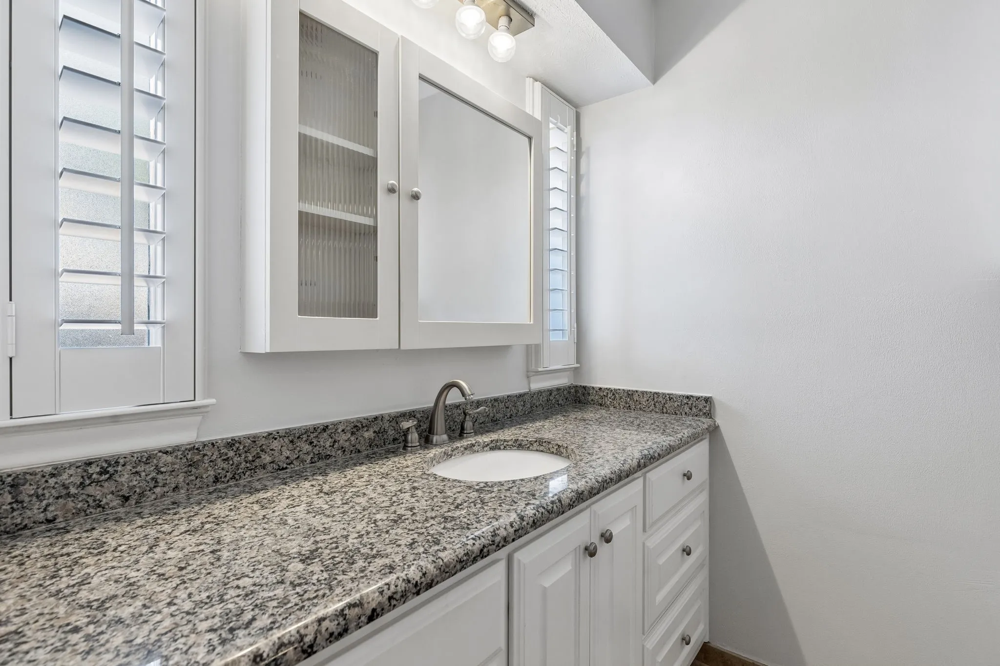 Primary ensuite vanity showcases granite countertops and abundant cabinet storage.