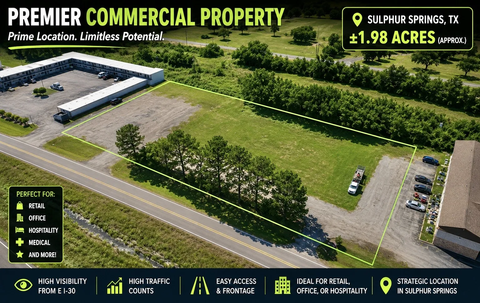 Unimproved Land For Sale in Hopkins County , 1531 Industrial Drive E, Sulphur Springs, Texas 75482, 0, 0, Garage spaces, 0 Sqft, built in 0, Price $325,000, mls#21282306, Real Estate Agent in Sulphur Springs, Homes For Sale in Hopkins county, Homes For Sale in Sulphur Springs, Realtor in Sulphur Springs Texas, Real Estate Brokerage Independent Realty Texas, Luminita Cordes Realtor