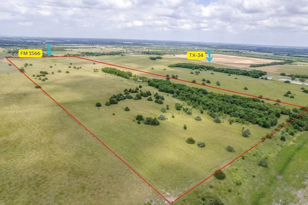Expansive rural acreage featuring green pastures, mature trees, and direct access to FM 1566 and TX-34