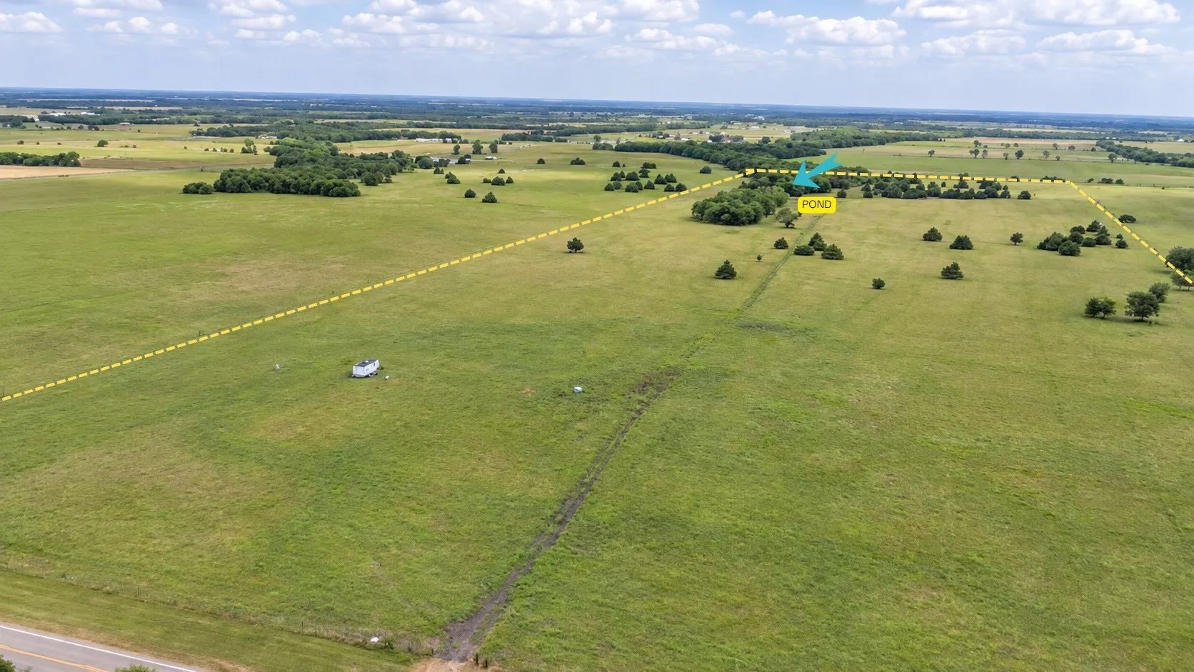 Expansive green pastureland with scattered trees and a visible pond
