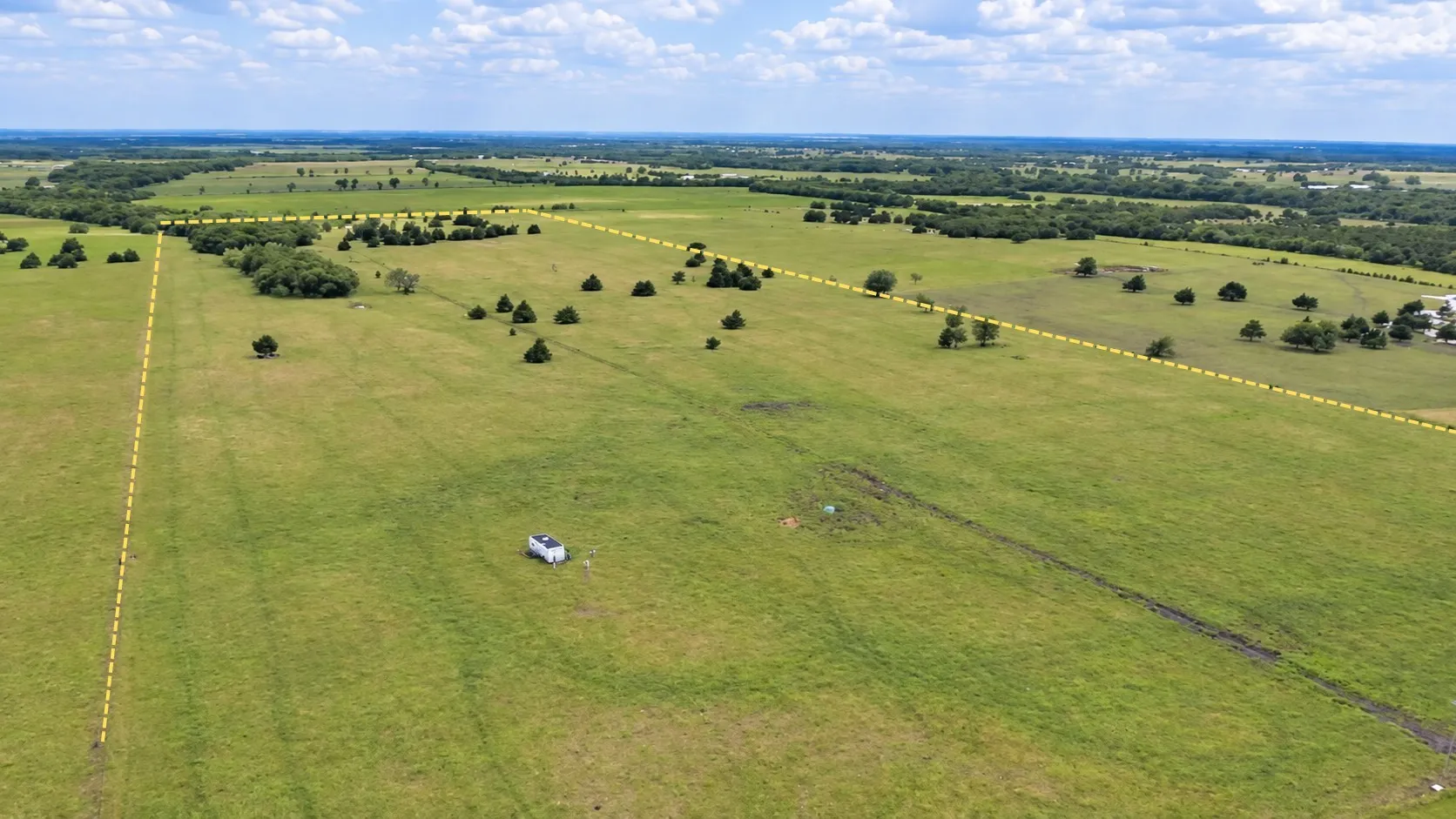 Expansive green acreage with scattered mature trees and distant tree lines