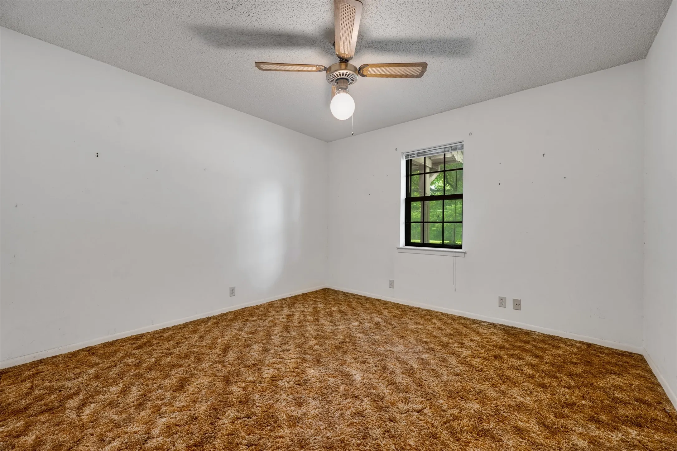 Neutral white walls with textured ceiling and brown shag carpet