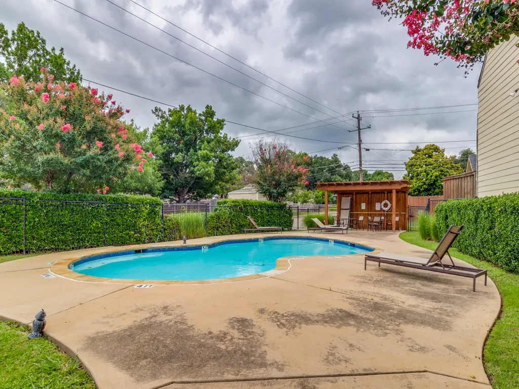 Freeform swimming pool featuring a concrete deck, an adjacent pergola structure, and surrounding manicured hedging
