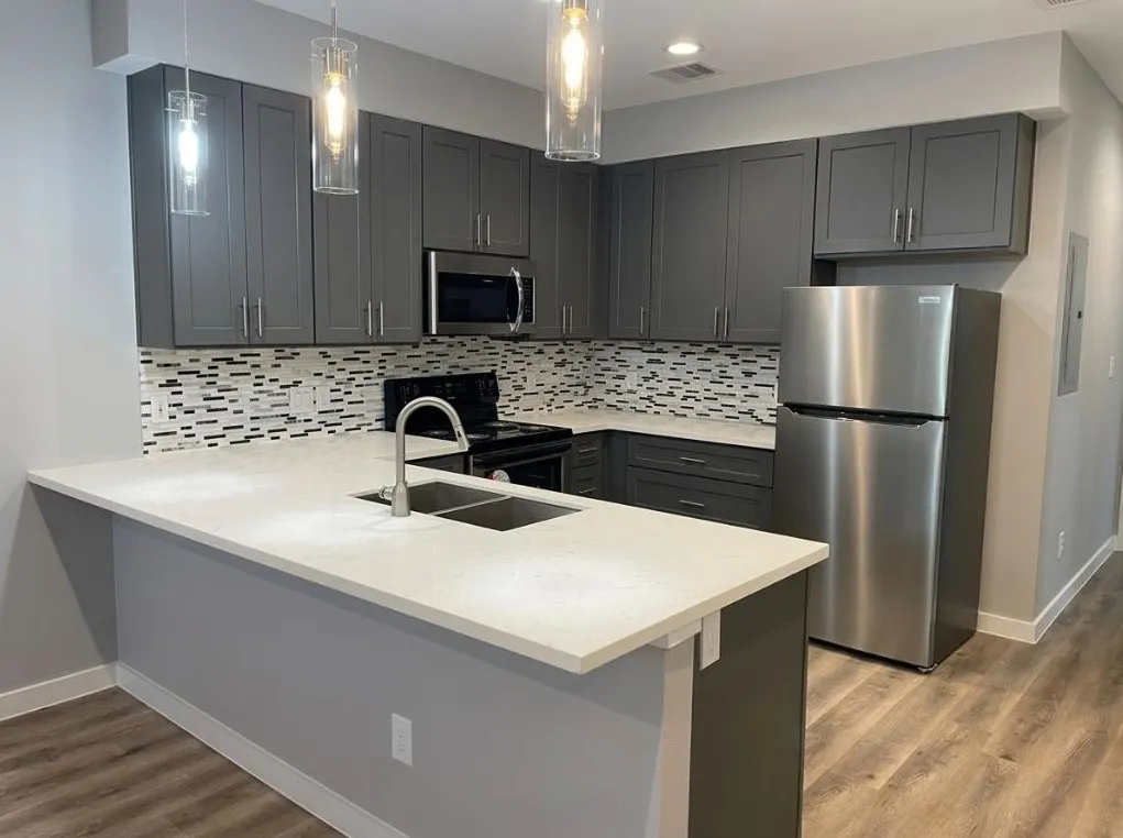 Modern kitchen featuring a peninsula with integrated sink, stainless steel appliances, dark cabinetry, and a mosaic tile backsplash