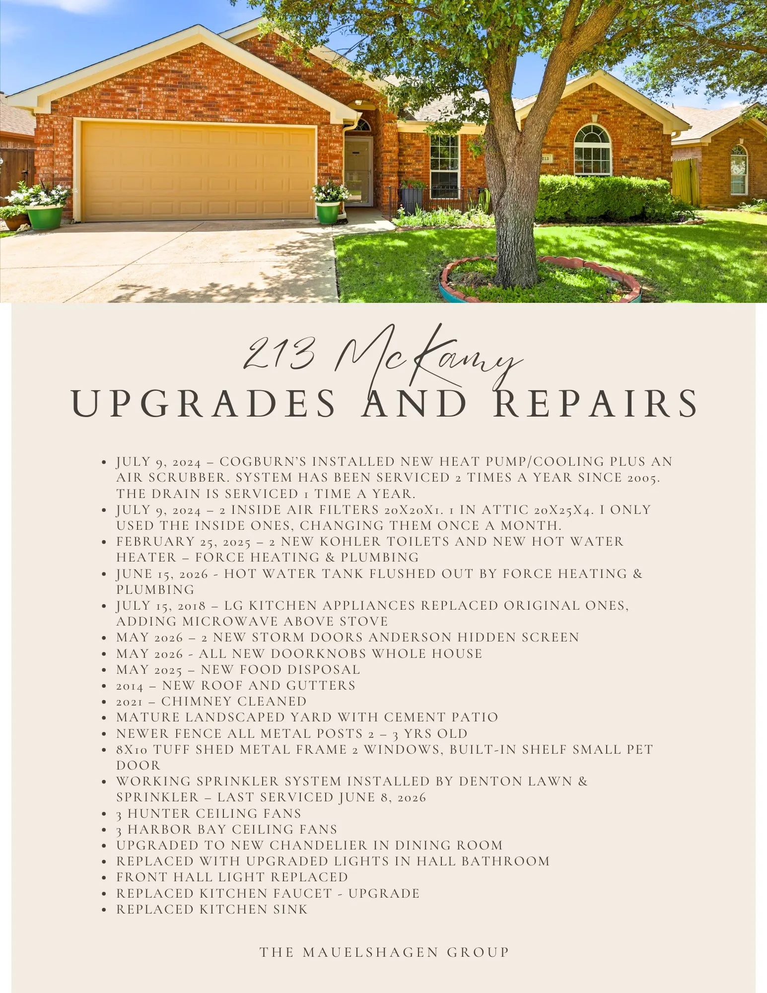 Property Upgrade and Repair List. Itemizing documented improvements and maintenance performed on the property