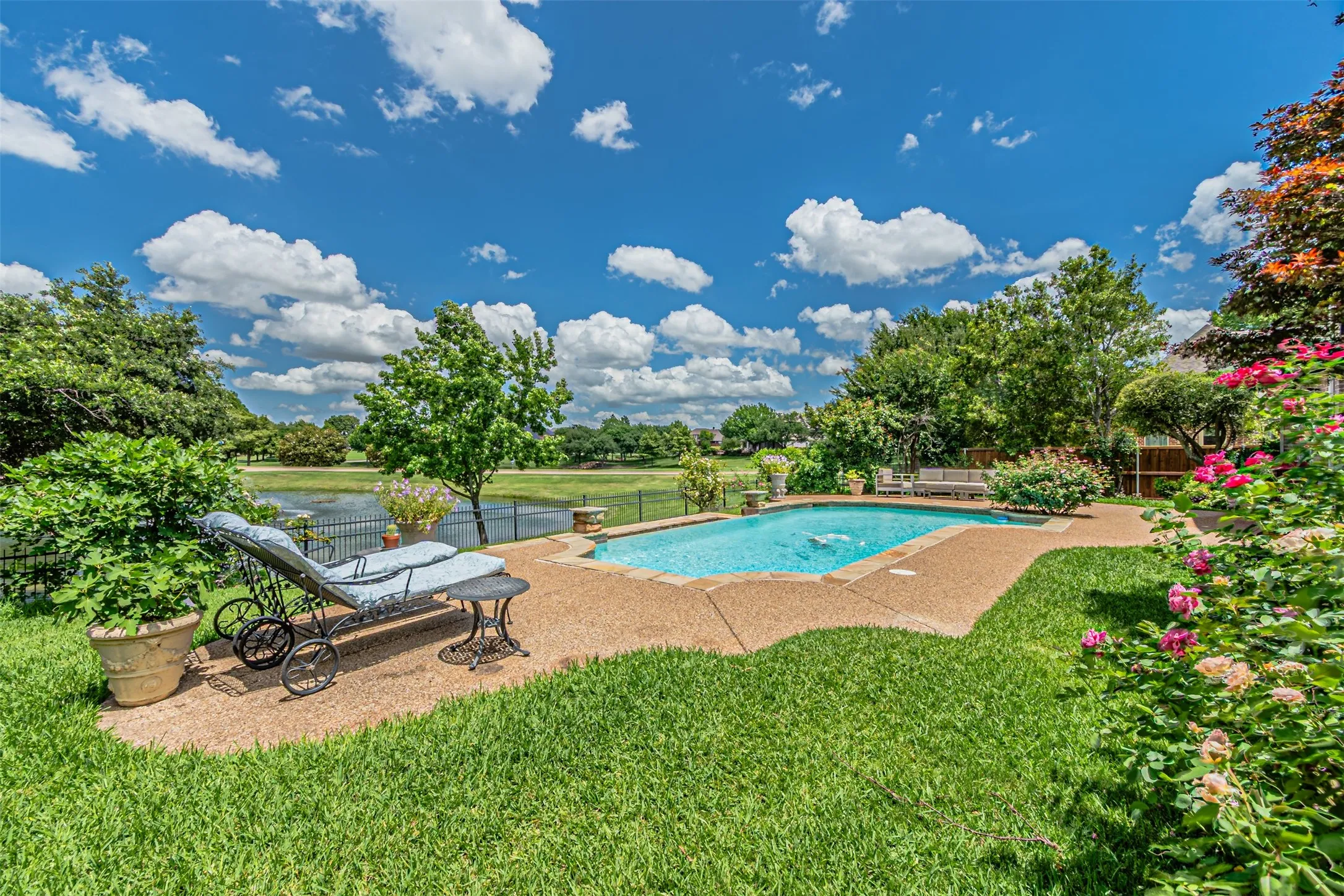 Private backyard featuring an in-ground swimming pool with a concrete deck, bordered by mature trees and shrubs