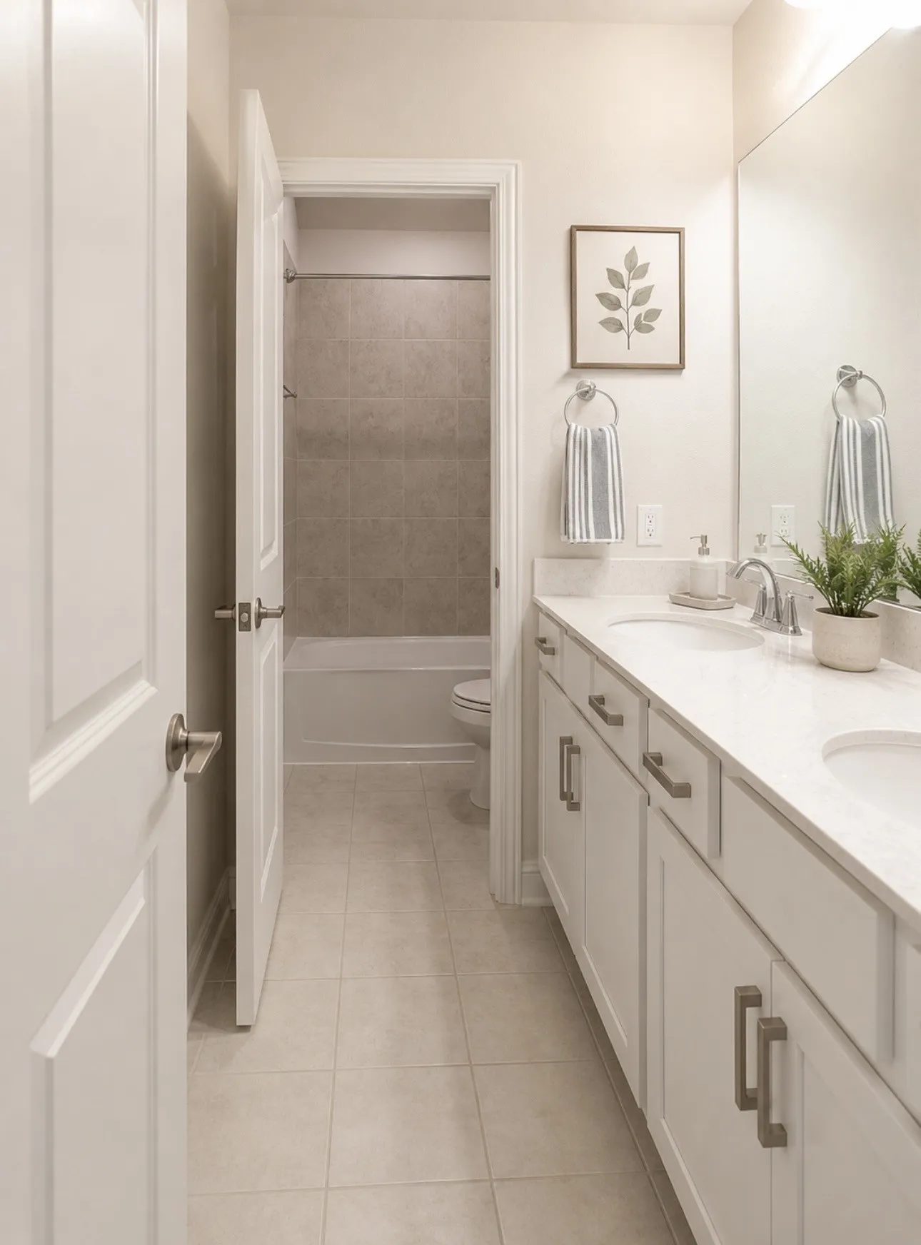 secondary bathroom with double sinks and seperate showering area