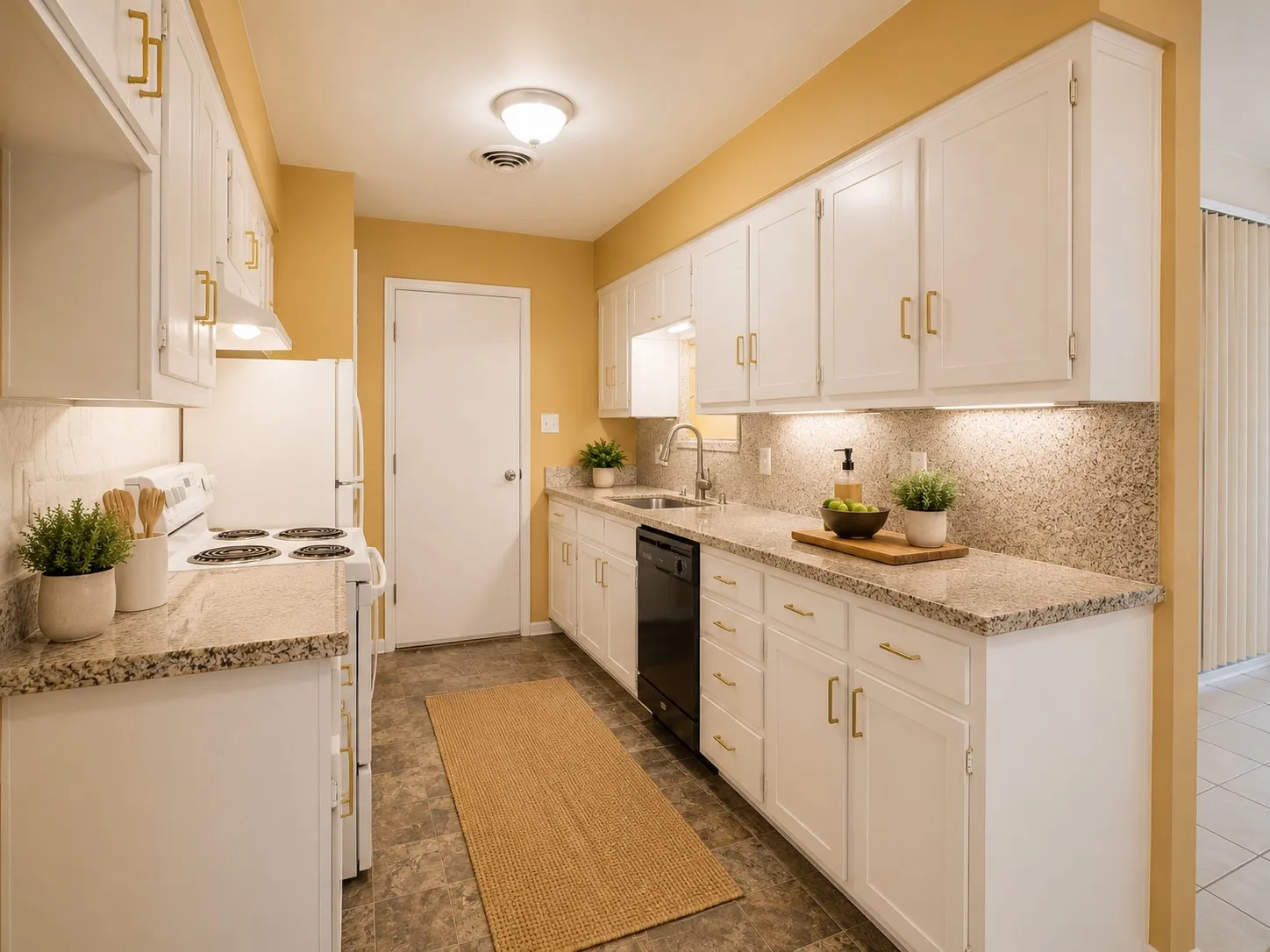 Updated kitchen featuring white shaker-style cabinetry with gold-finish hardware, stone countertops, a mosaic tile backsplash, and under-cabinet lighting