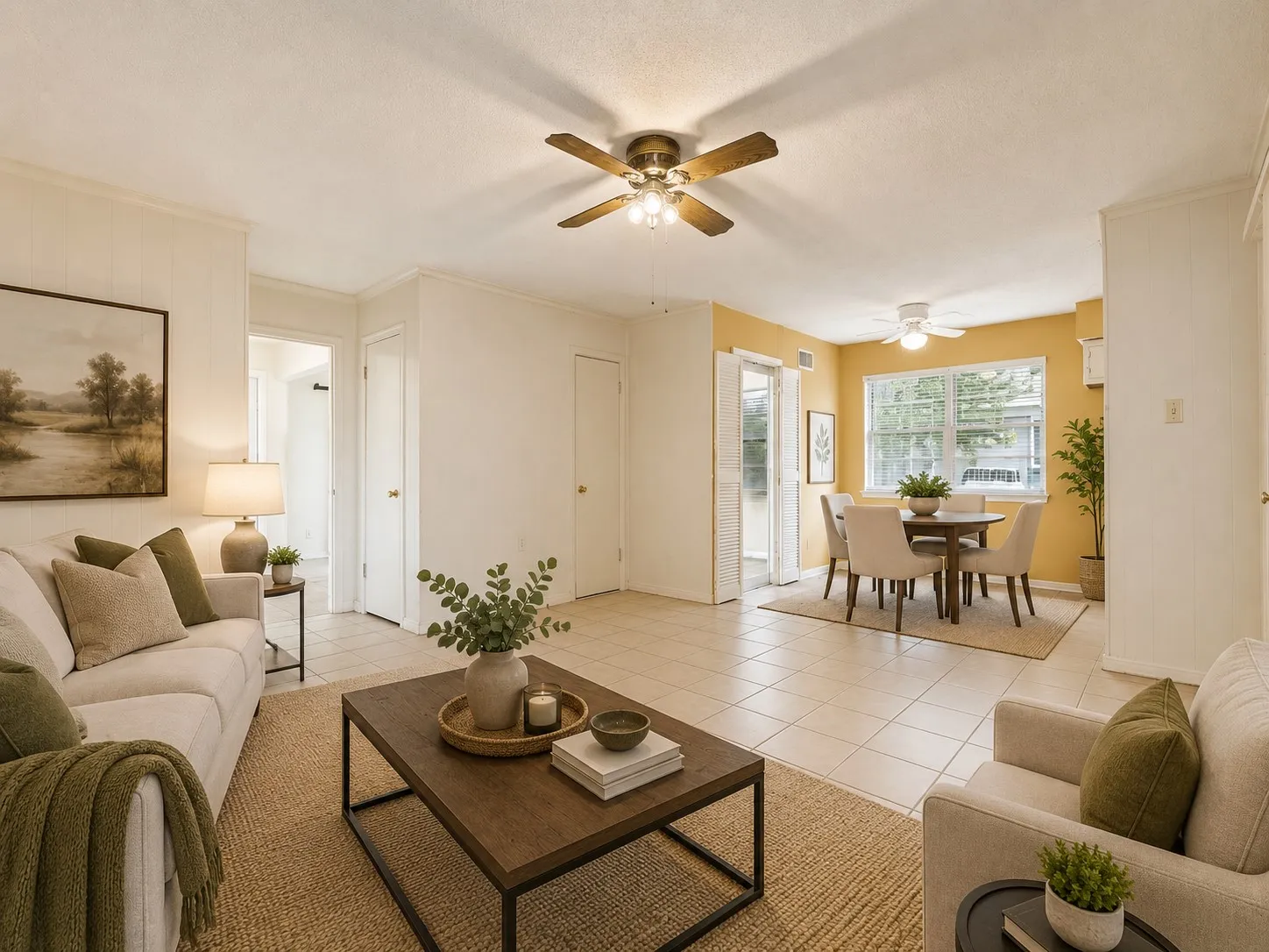 Spacious living area featuring tile flooring, a ceiling fan, and access to an additional room