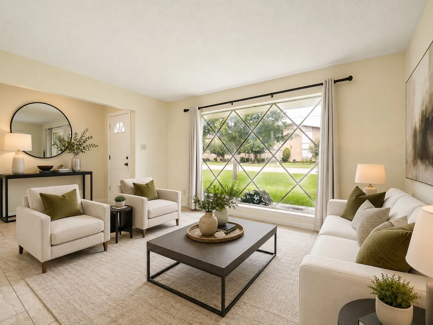 Living area featuring a large picture window with decorative muntins, a white paneled entry door with glass inserts, and light-toned tile flooring