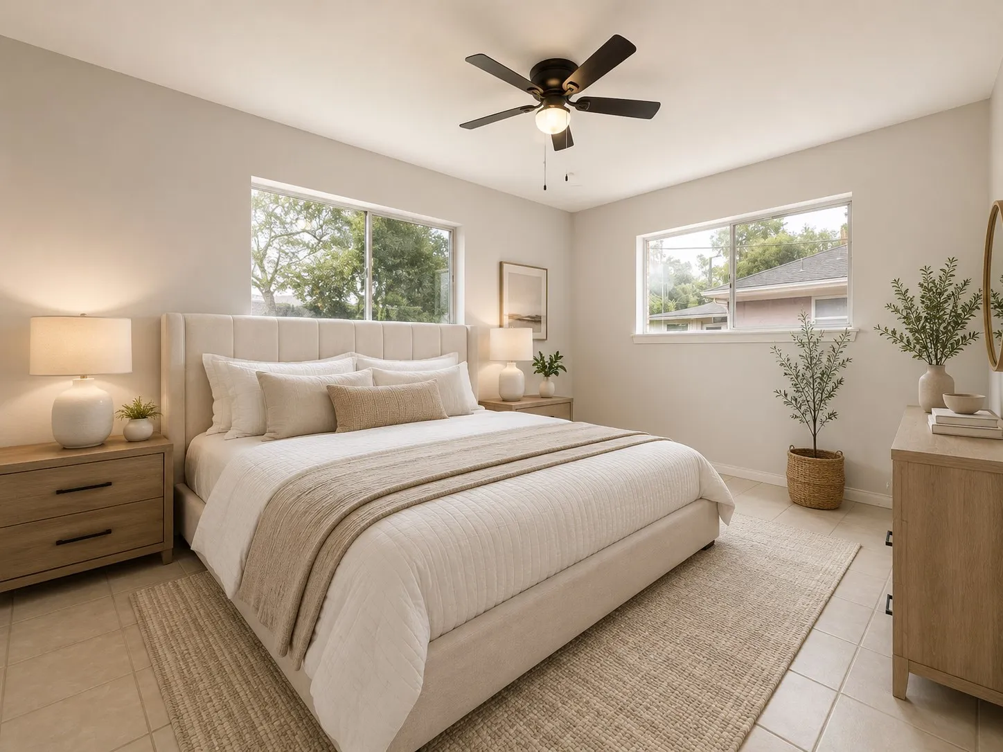 Bedroom featuring tile flooring and light-toned walls