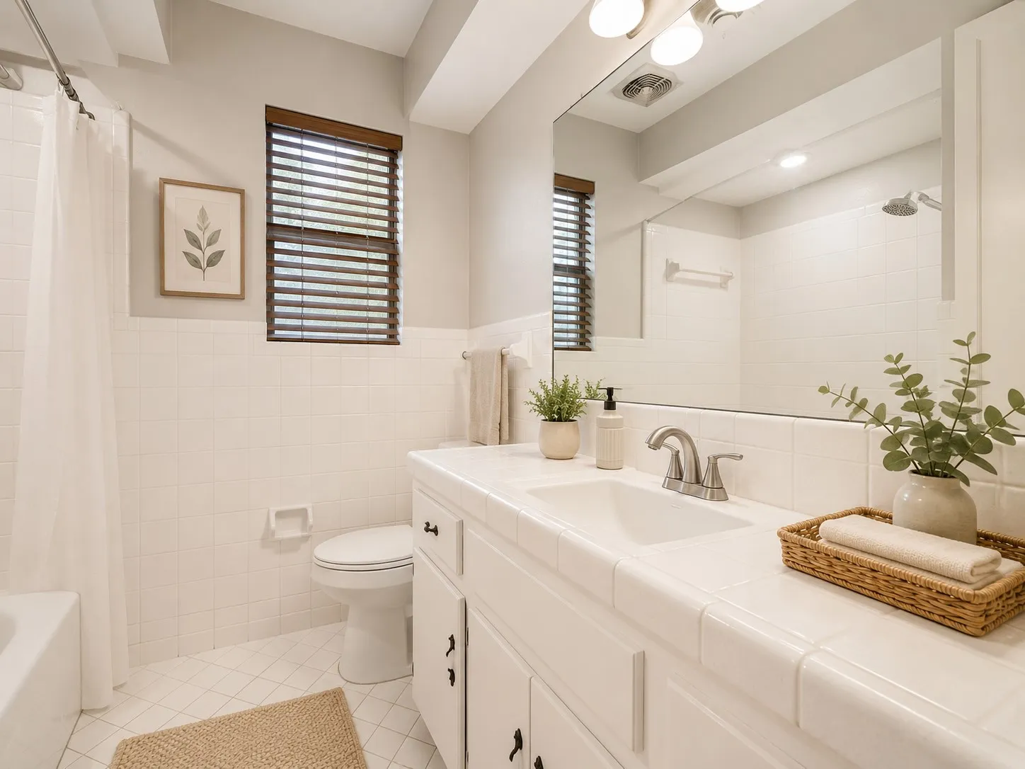 Bathroom featuring a built-in vanity with an integrated basin, a large wall-mounted mirror, and a shower-tub combination with white subway tile surround