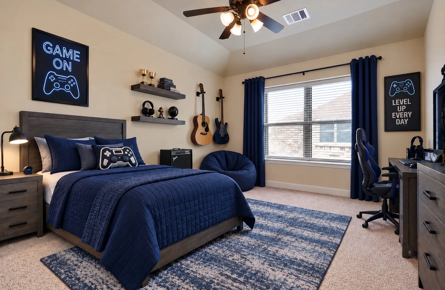 This is bedroom 3 - Upstairs - has a Window Seat, 2-inch faux wood blinds, 5-inch base boards, Raised Ceiling fans (all 4 bedrooms have a ceiling fan) This nice sized bedroom.