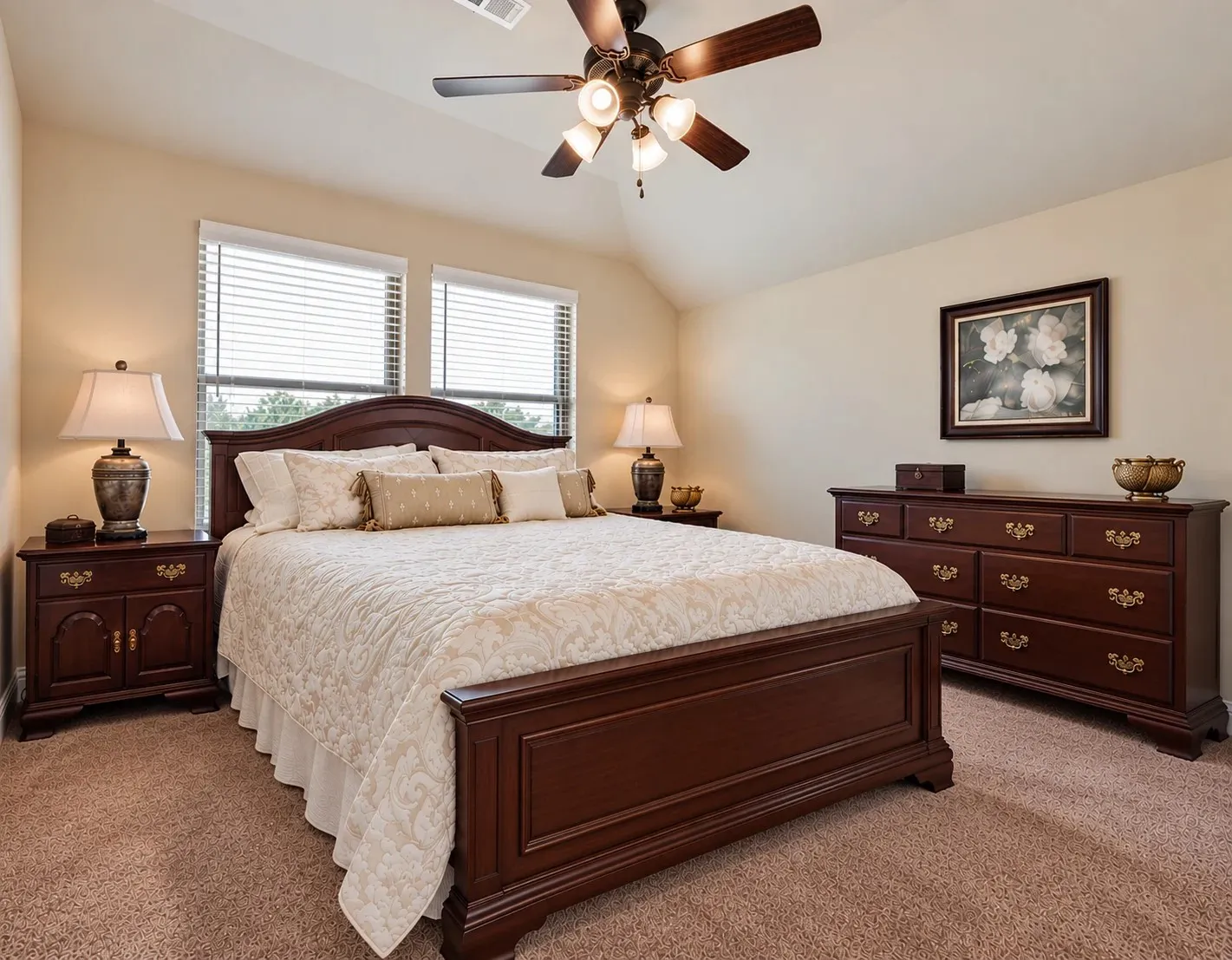 Partial View of the 4th Bedroom - with in same hall as the 3rd full Bathroom. Raised ceilings, 5 inch baseboards, ceiling fan, 2 inch faux wood blinds. Nice Size Room with Natural Light