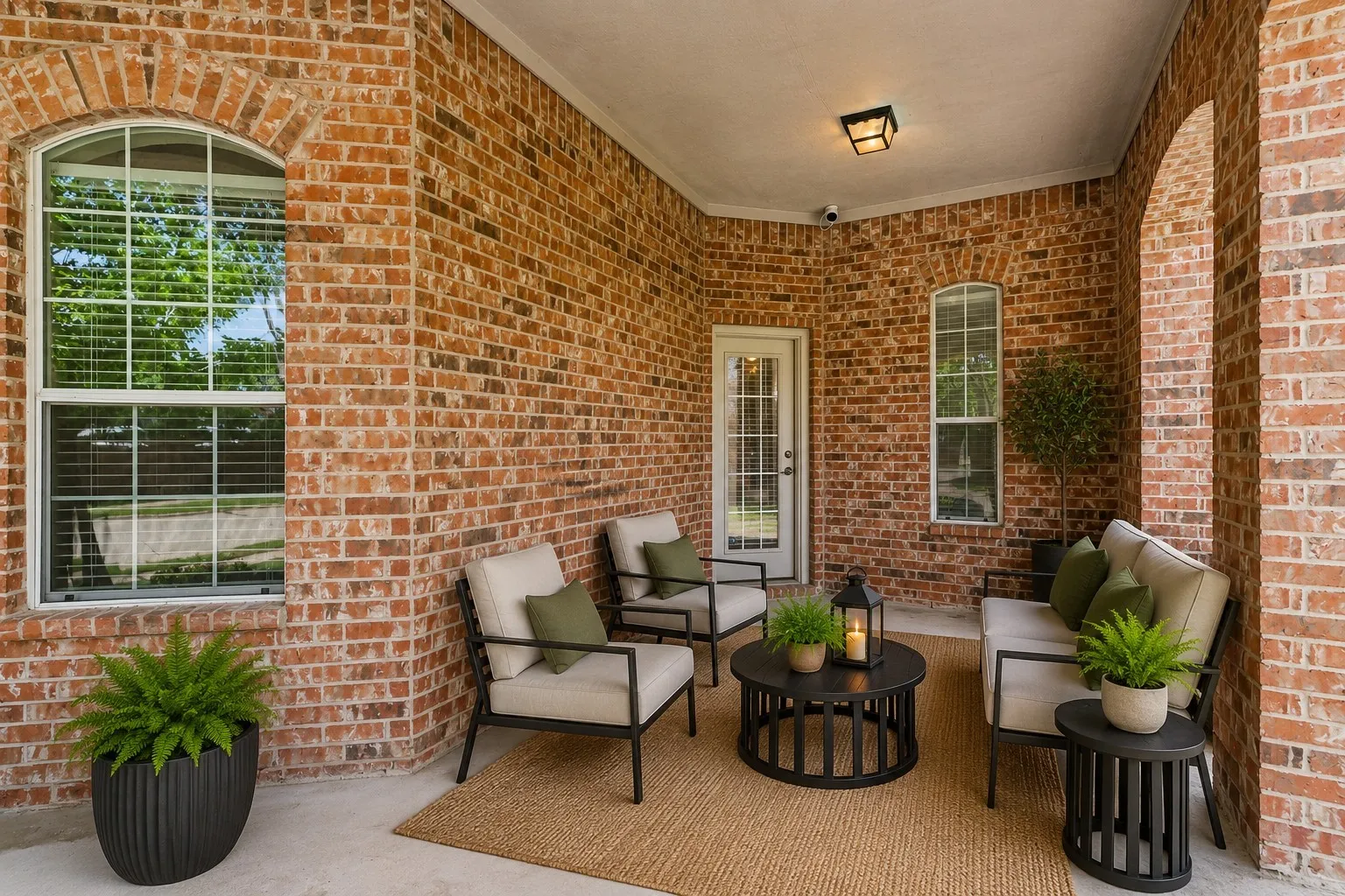 Covered patio featuring a brick exterior, arched window details, and an exterior door with louvered blinds